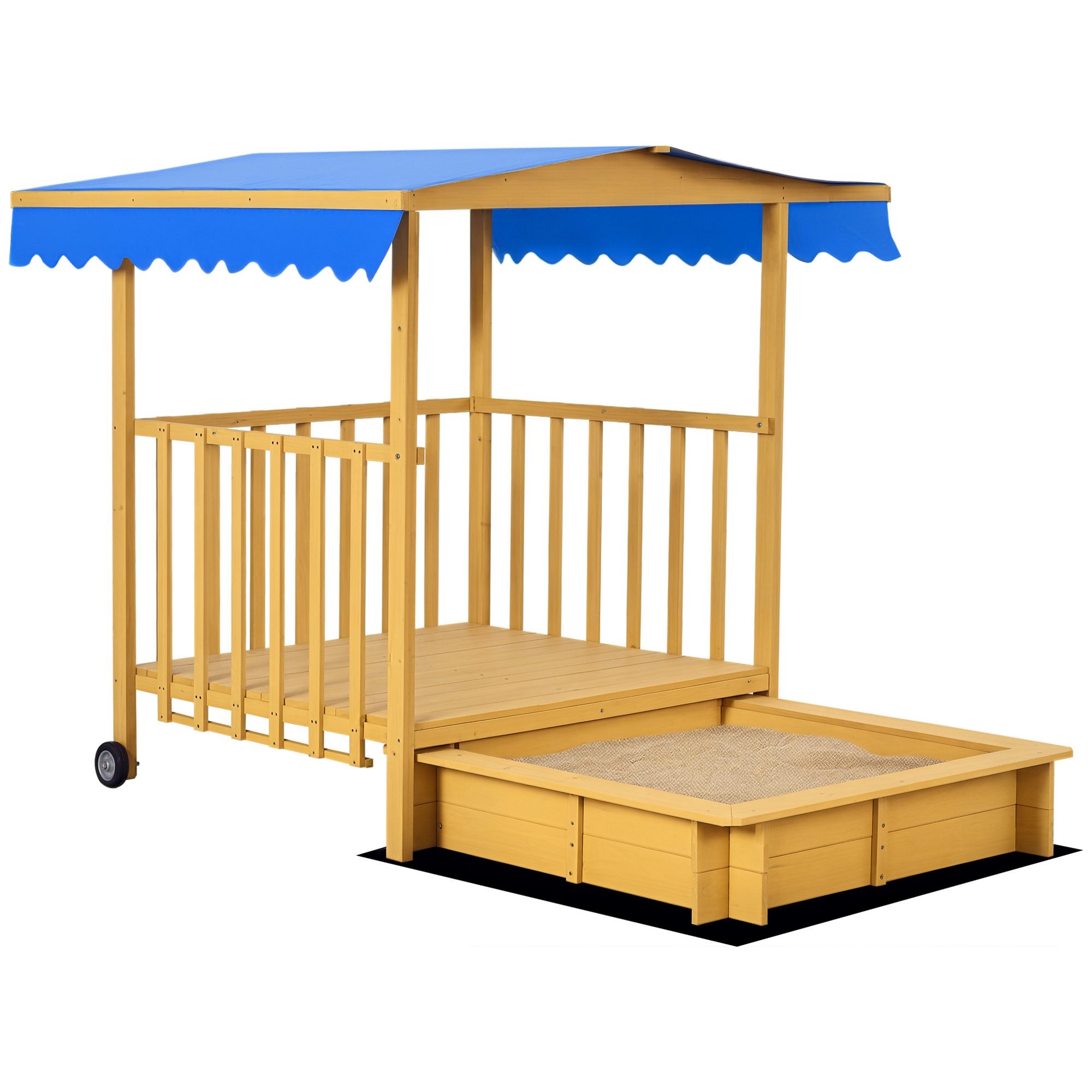Outsunny Sandkasten Sandkiste mit Spielhaus, Dach und Rollen, 133x129x137,5cm, (Kinderspielhaus, 1-tlg., Sandbox), für Garten, Balkon, Naturholz