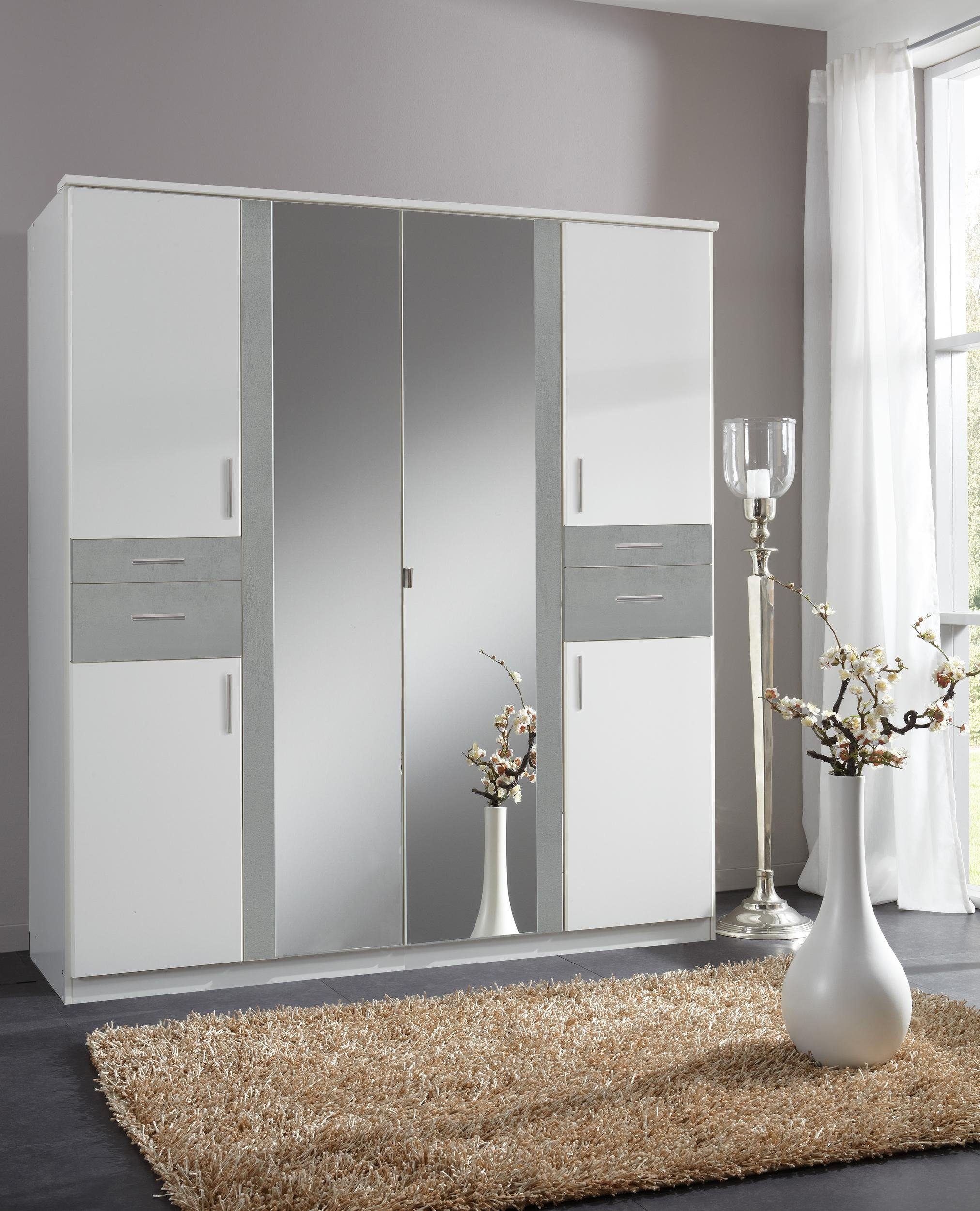 Stylefy Drehtürenschrank Embu (Kleiderschrank, Mehrzweckschrank) - Beton Modern Holzwerkstoff, Schubladen, Design, viel mit Weiß Spiegel, 5-türig, Optik aus mit Stauraum