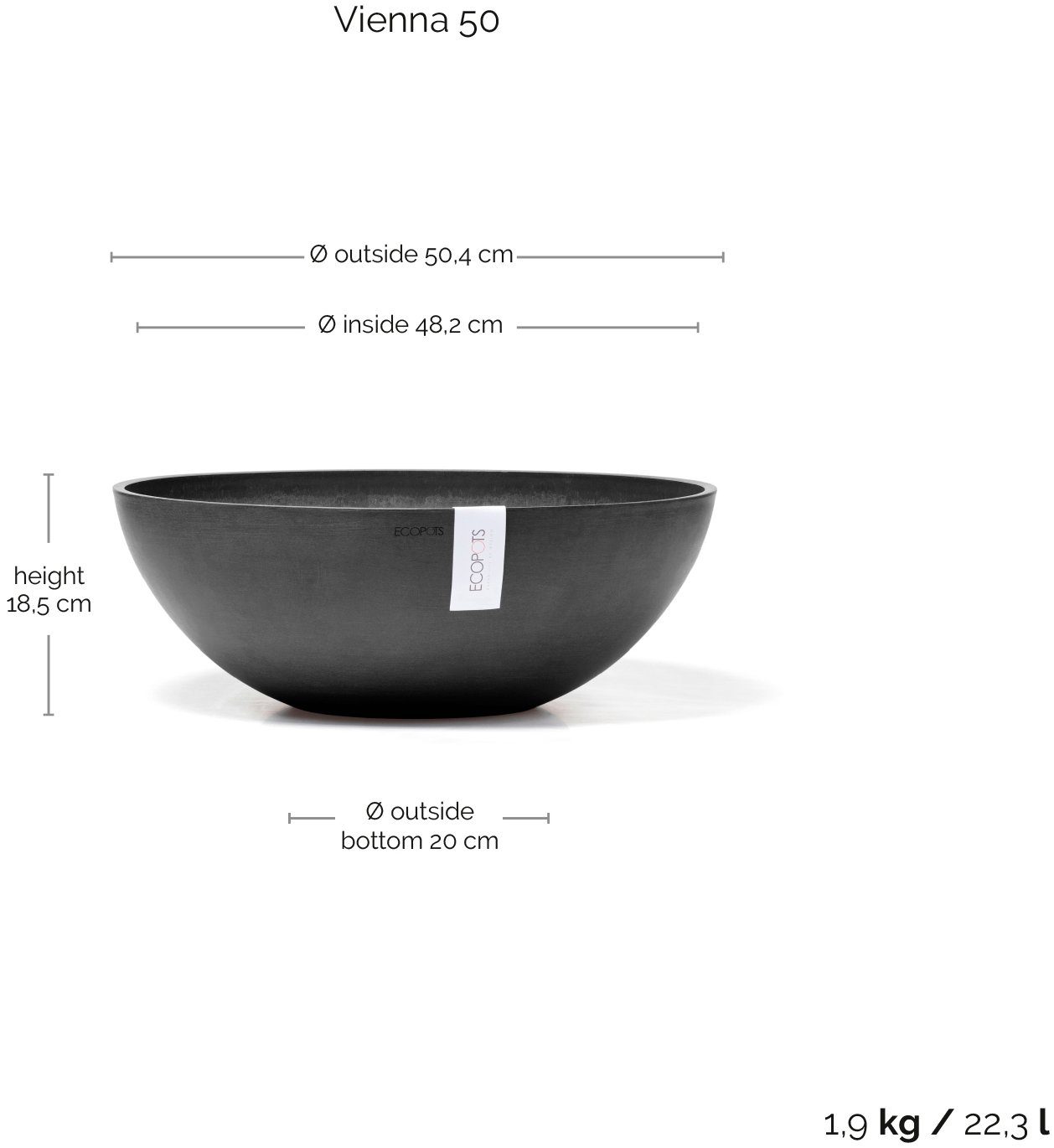 ECOPOTS Blumentopf Vienna 50 Dunkelgrau, für innen und außen: frostsicher, bruchsicher und lichtbeständig