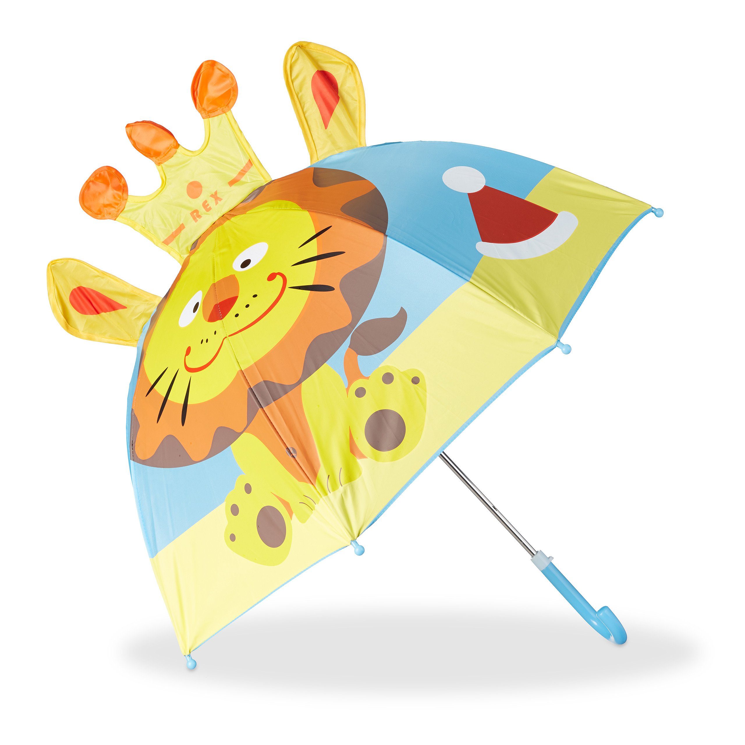 relaxdays Stockregenschirm Kinderregenschirm mit 3D Orange Löwe Motiv, Hellblau Gelb