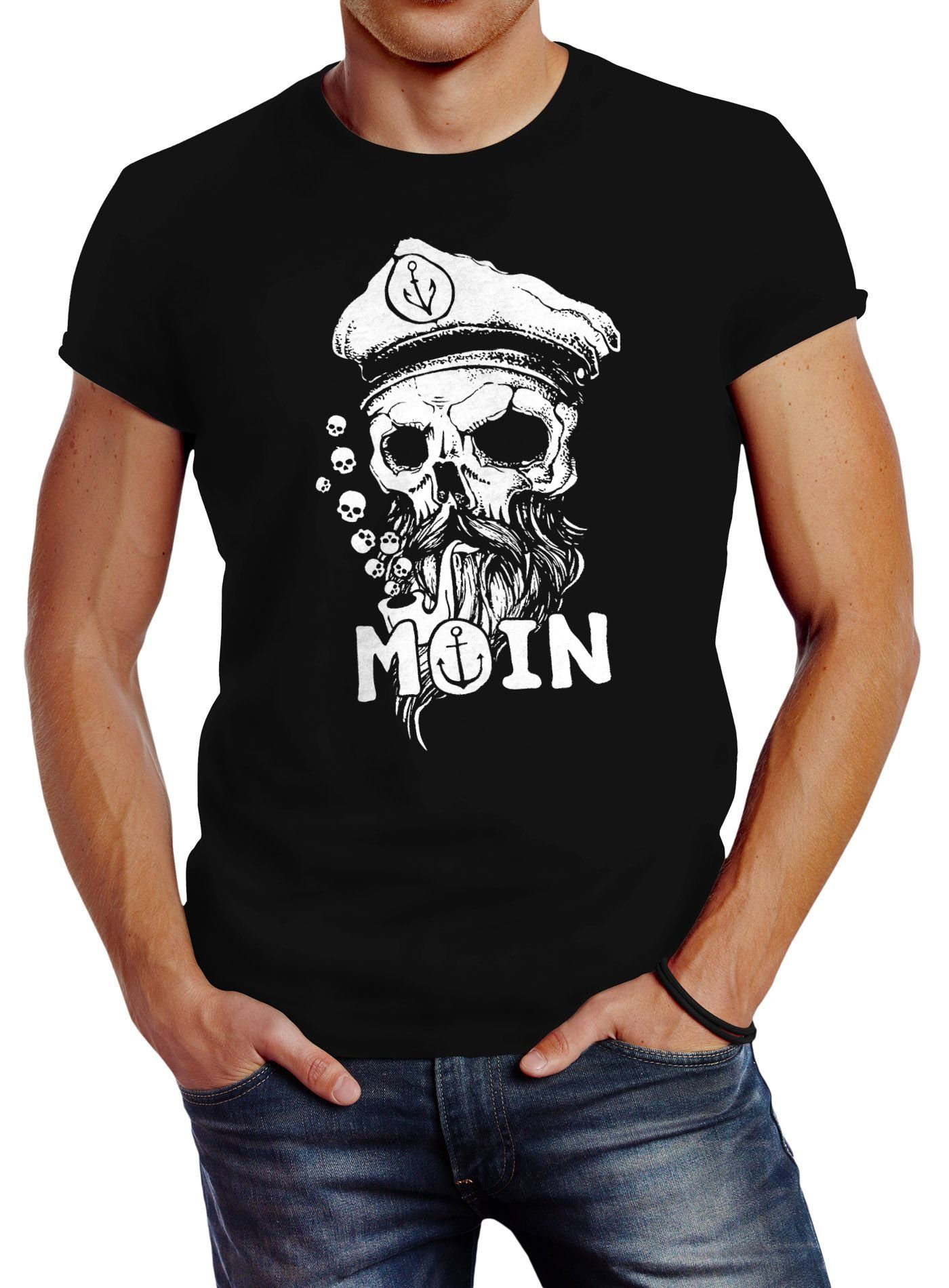 Neverless Print-Shirt Herren T-Shirt Moin Kapitän Totenkopf Anker Bart Hamburg Fashion mit Print