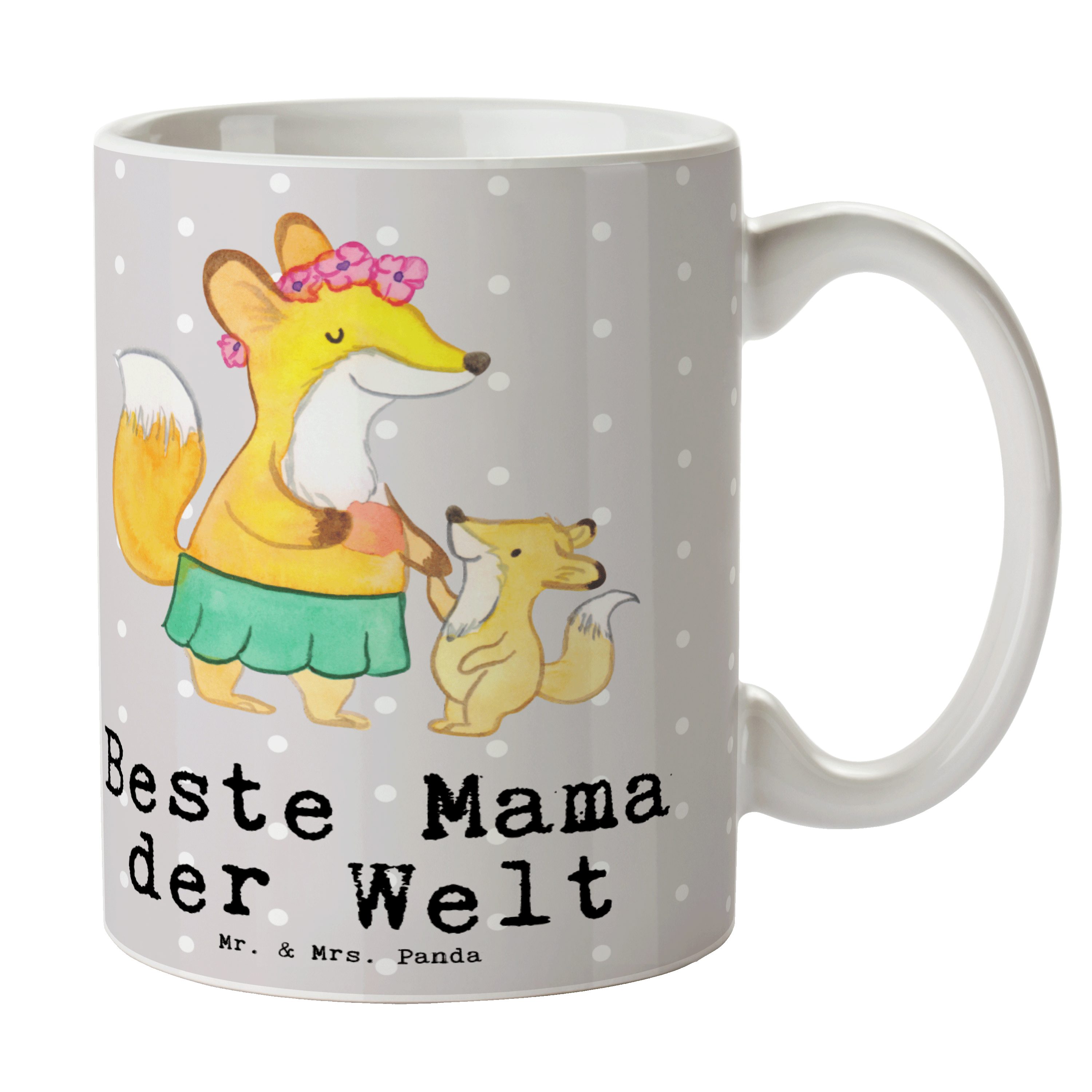 Mr. & Mrs. Panda Tasse Fuchs Beste Mama der Welt - Grau Pastell - Geschenk, Teebecher, Kaffe, Keramik