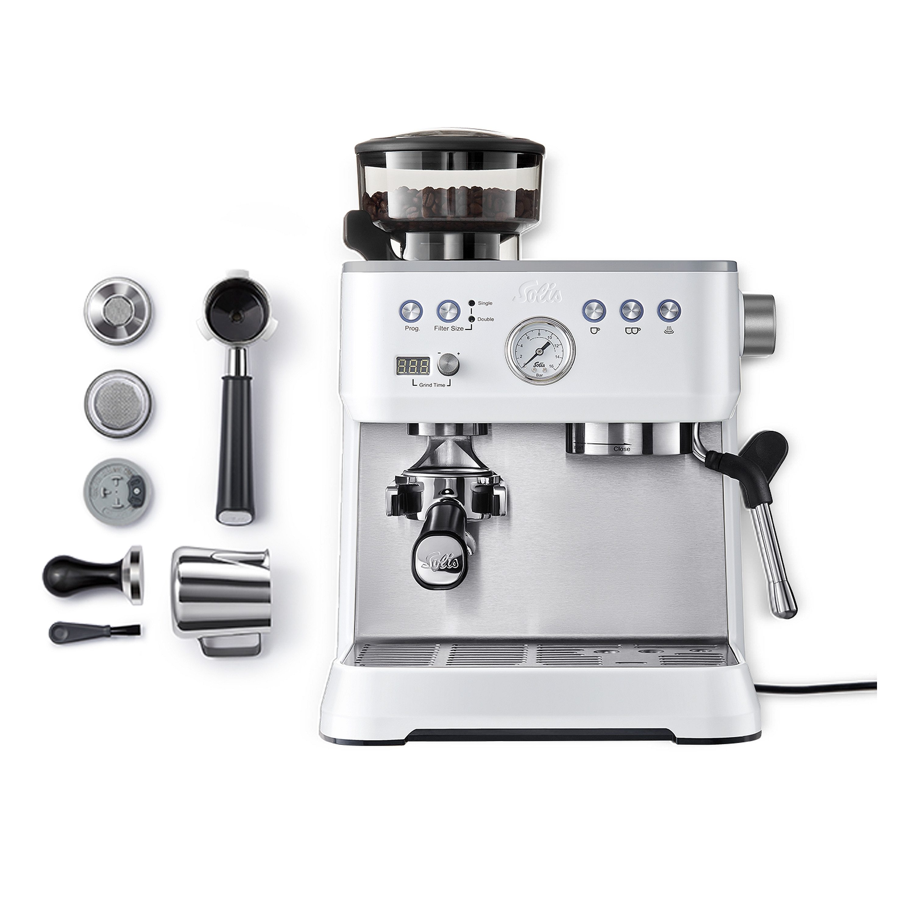 SOLIS OF SWITZERLAND Siebträgermaschine, Siebträger 54 mm, 54 mm Siebhalter, Milchaufschäumer, Bohnenmahlwerk