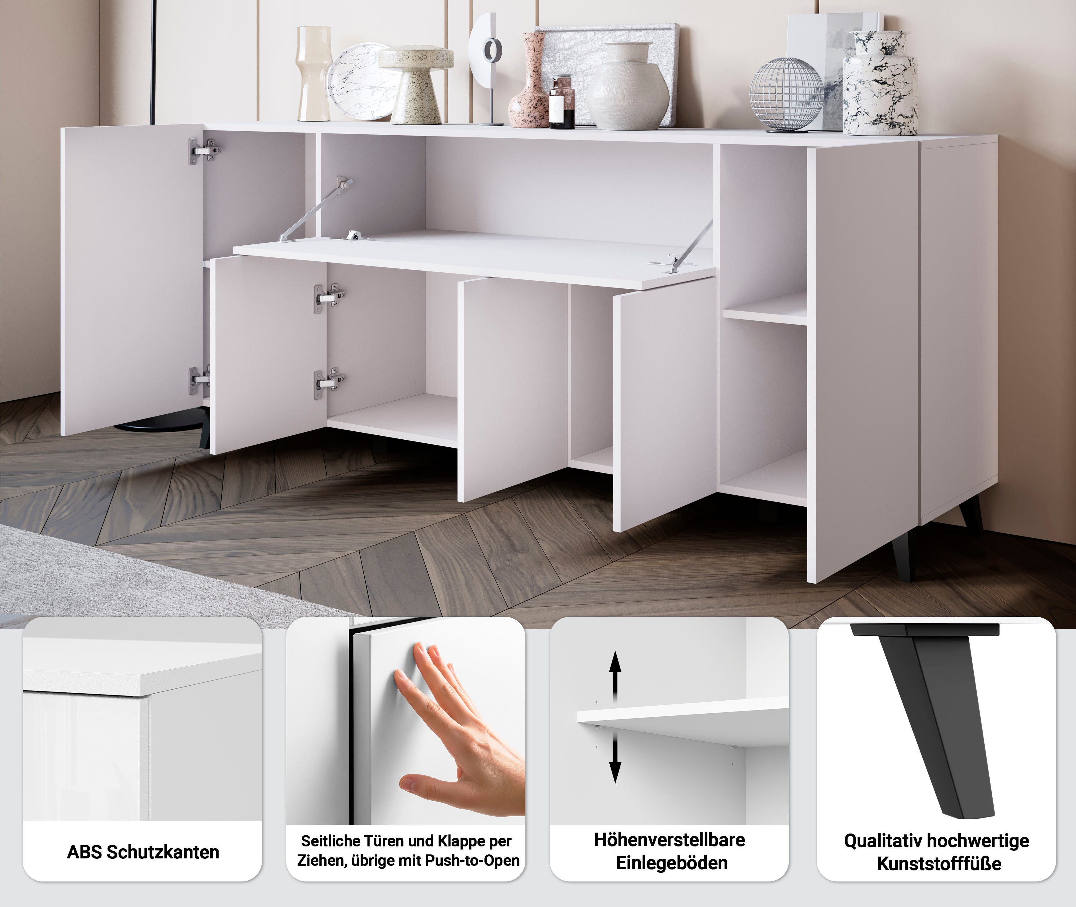 Home affaire Sideboard SIDEBOARD PHUKET II, Stilvolle, grifflose kommode, Breite 180cm, Mit 5 Türen, 1 Klappe, 7 Fächern und höhenverstellbaren Einlegeböden