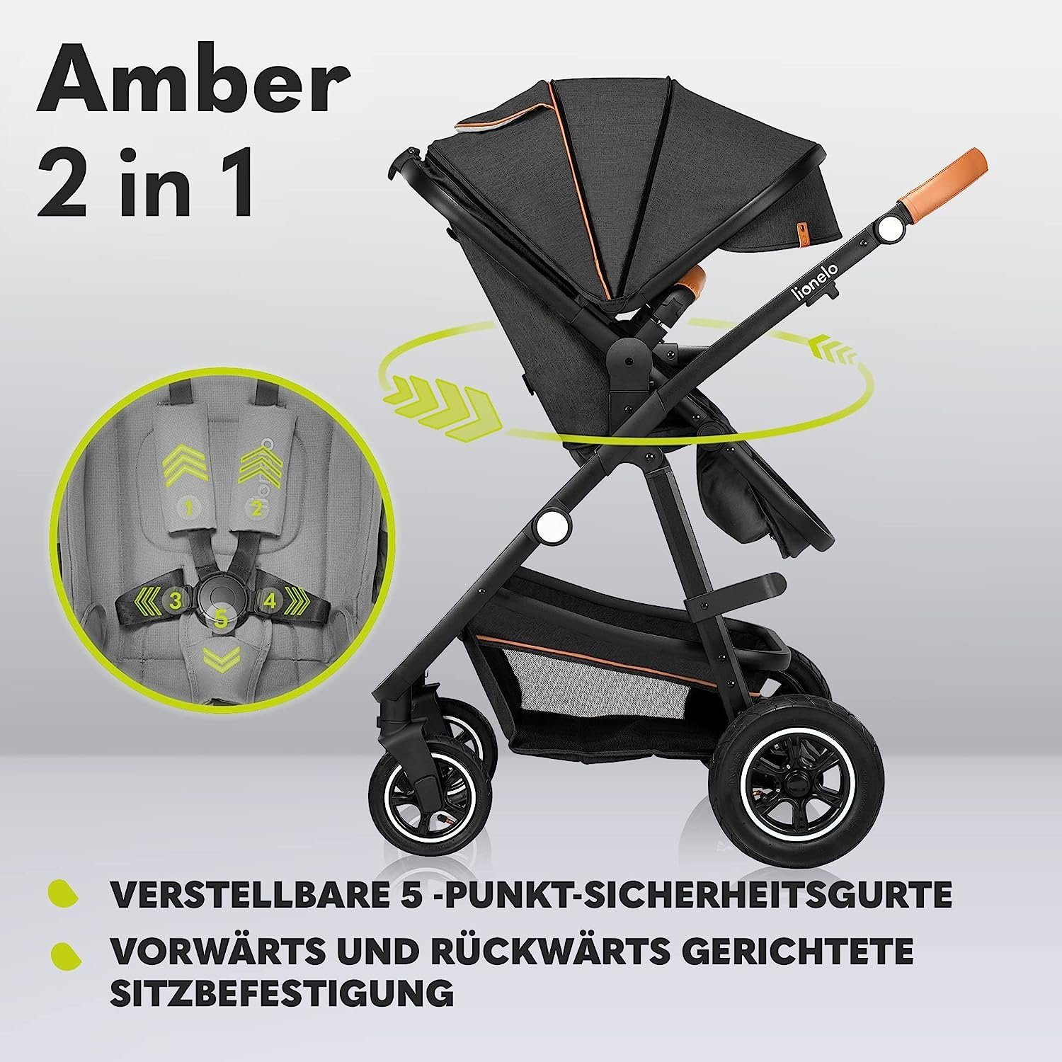 lionelo Kombi-Kinderwagen Amber, Moskitonetz Regenschutz Tasche Dunkelgrau 2in1 Schutzüberzug