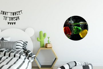MuchoWow Gemälde Paprika - Gemüse - Wasser - Schwarz - Rot - Grün - Gelb, (1 St), Kreis Wanddekoration Forex, Rundes Wandbild, Wohnzimmer, 30x30 cm