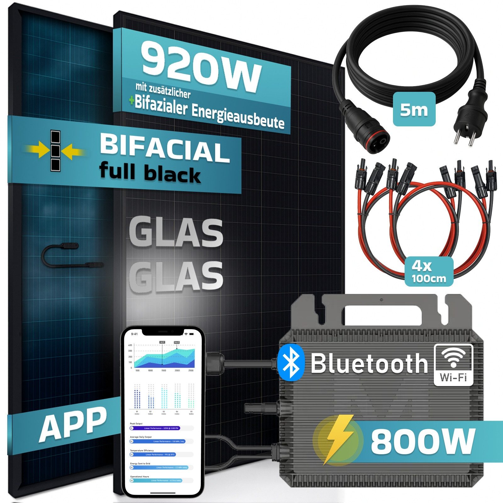 SUNNIVA Balkonkraftwerk 920W BIFAZIAL FULLBLACK, (komplett Steckdose MARSTEK 800 Watt Wechselrichter, PV Solaranlage Komplettset, 2x460W N-Type Glas-Glas Bifacial Solarmodule, 5m Kabel, 4x1m Solarkabel)