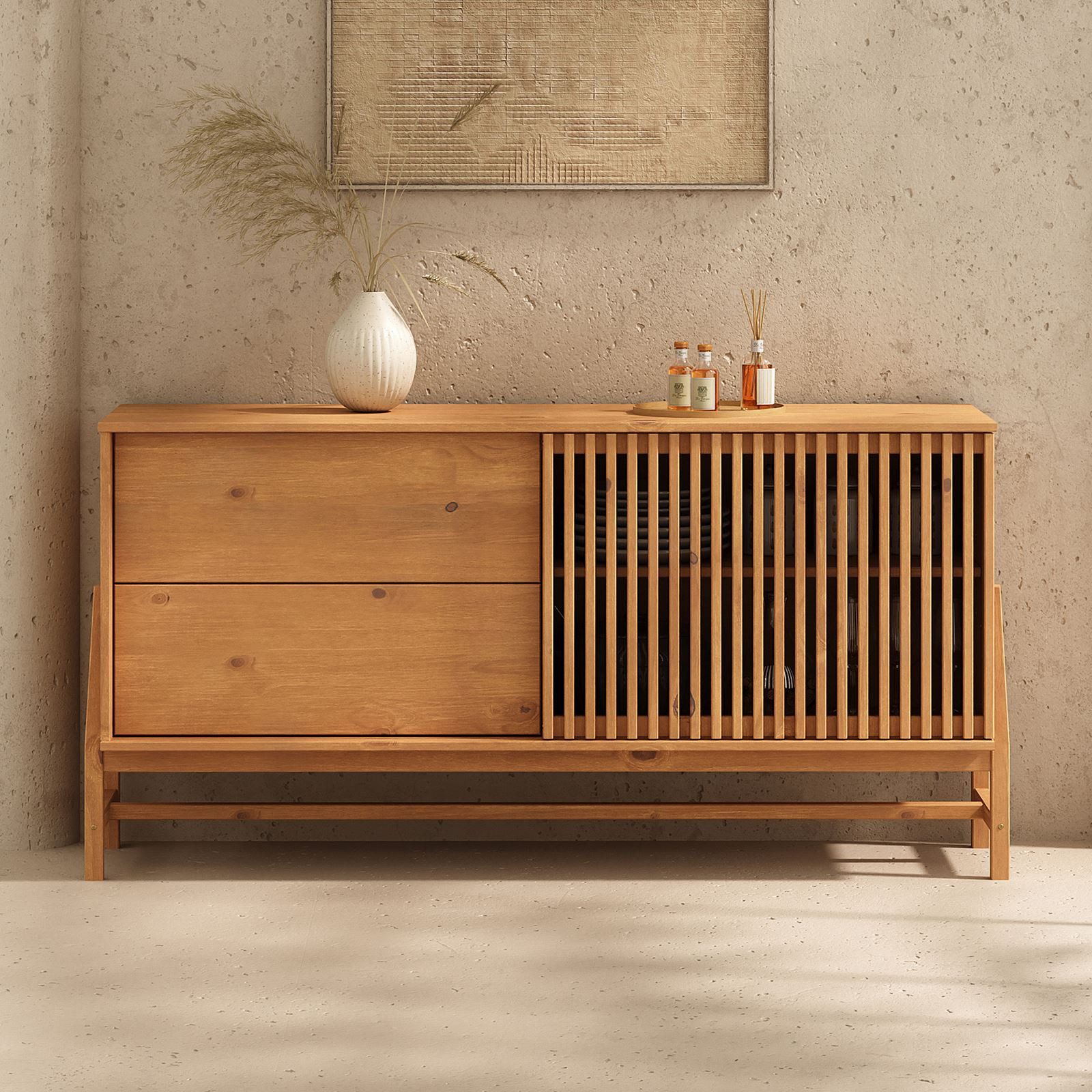 IDIMEX Sideboard ADAMO, Kommode 145 cm aus Massivholz mit Lamellen-Schiebetür Eiche Finish