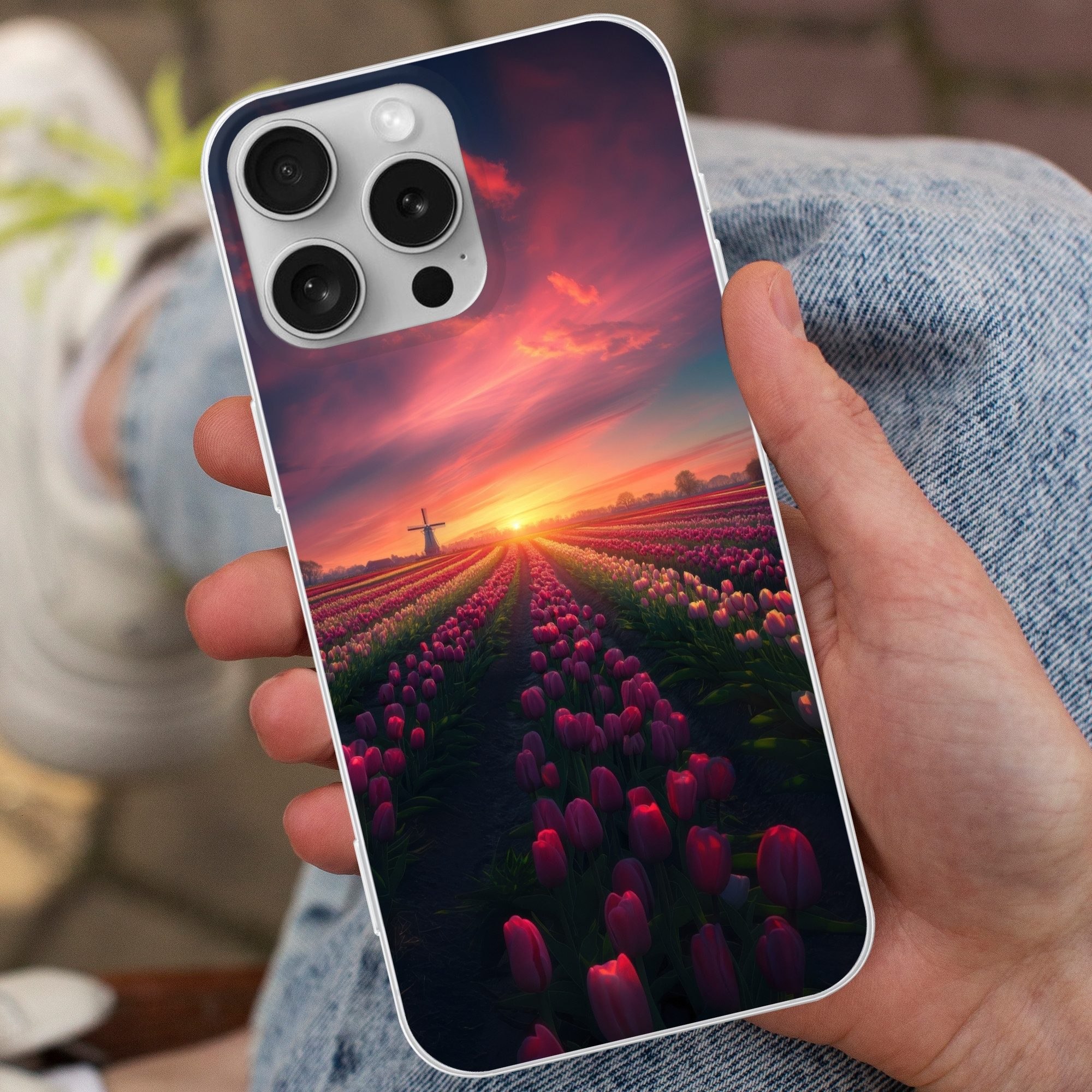 MuchoWow Handyhülle für Apple iPhone 16 Pro Max Windmühle - Sonnenuntergang - Landschaft, Smartphone-Bumper, Print, Handy Schutzhülle Dünn