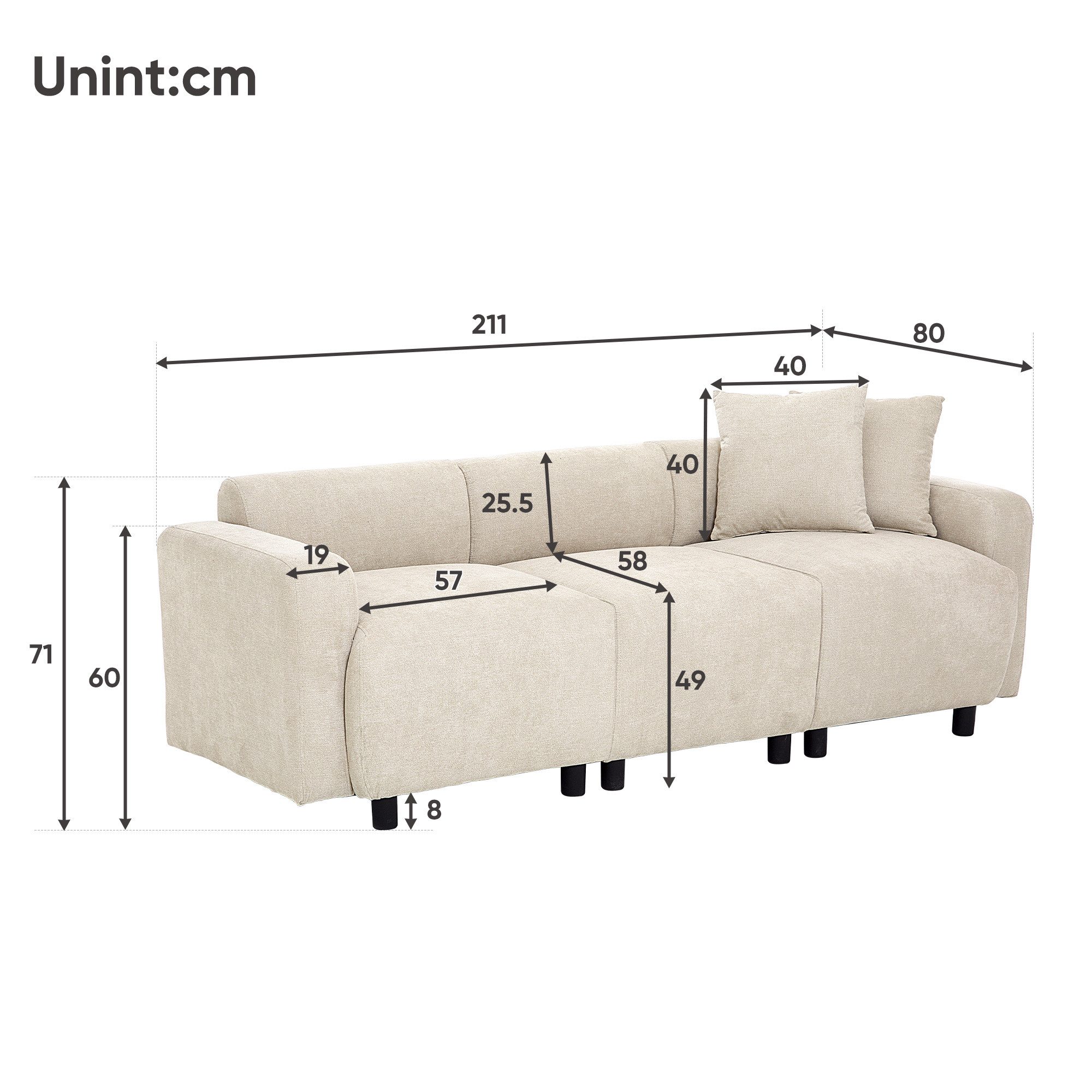 3-Sitzer, aus Chenille-Stoff mit 2 Kissen, 211 x 80 x 71 cm, modulare Couch