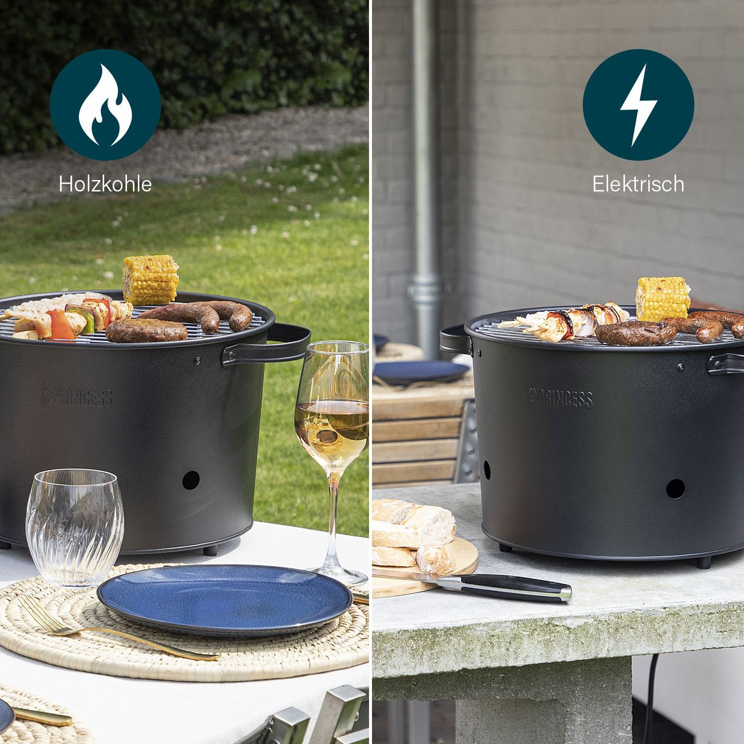 PRINCESS Elektrogrill Princess 112240 Hybrid Bucket Barbecue – Für Elektro- oder Holzkohlegr, 1400 W, Elektro- oder Holzkohlegrill - 1400W