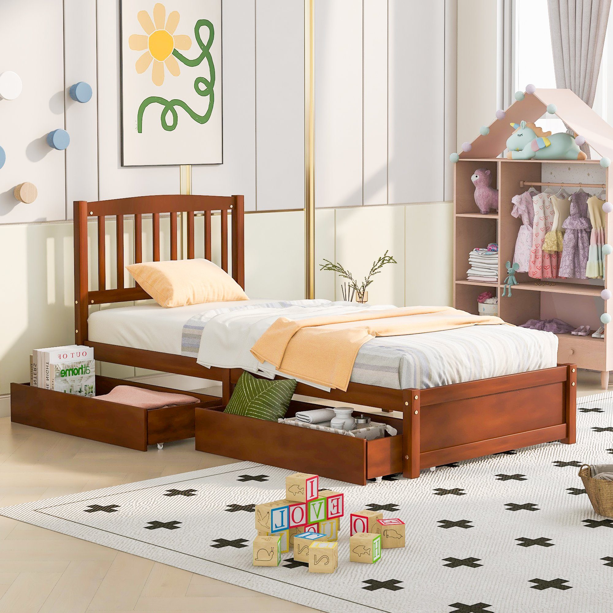 Massivholzbett (Einzelbett, mit 2 Schubladen, Lattenrost und Kopfteil), Kinderbett Jugendbett 90 x 200 cm, Kiefernholz