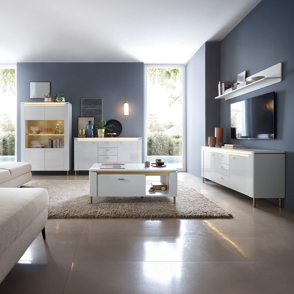 Lomadox Wohnzimmer-Set LUKA-129, (Mega-Spar-Set, 5-St., Lowboard Sideboard Wandregal Couchtisch Vitrinenschrank), weiß mit goldfarbenen Akzenten