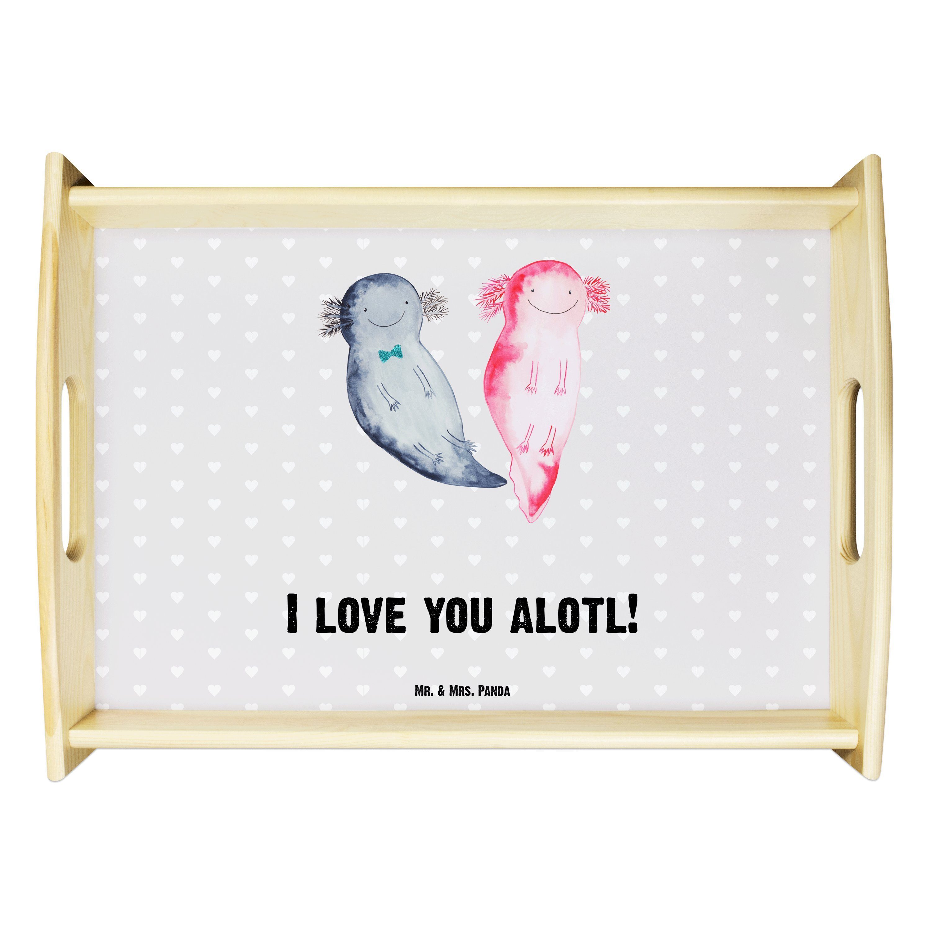 Mr. & Mrs. Panda Tablett Axolotl Liebe - Grau Pastell - Geschenk, Hochzeitstag, Frühstückstabl, Echtholz lasiert, (1-tlg)
