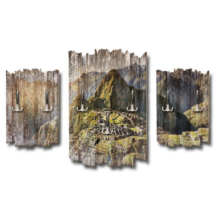 Kreative Feder Wandgarderobe Machu Picchu Dreiteilige Wandgarderobe Holz Wandbild Wanddeko Garderobe Kleiderhaken Natur Landschaft