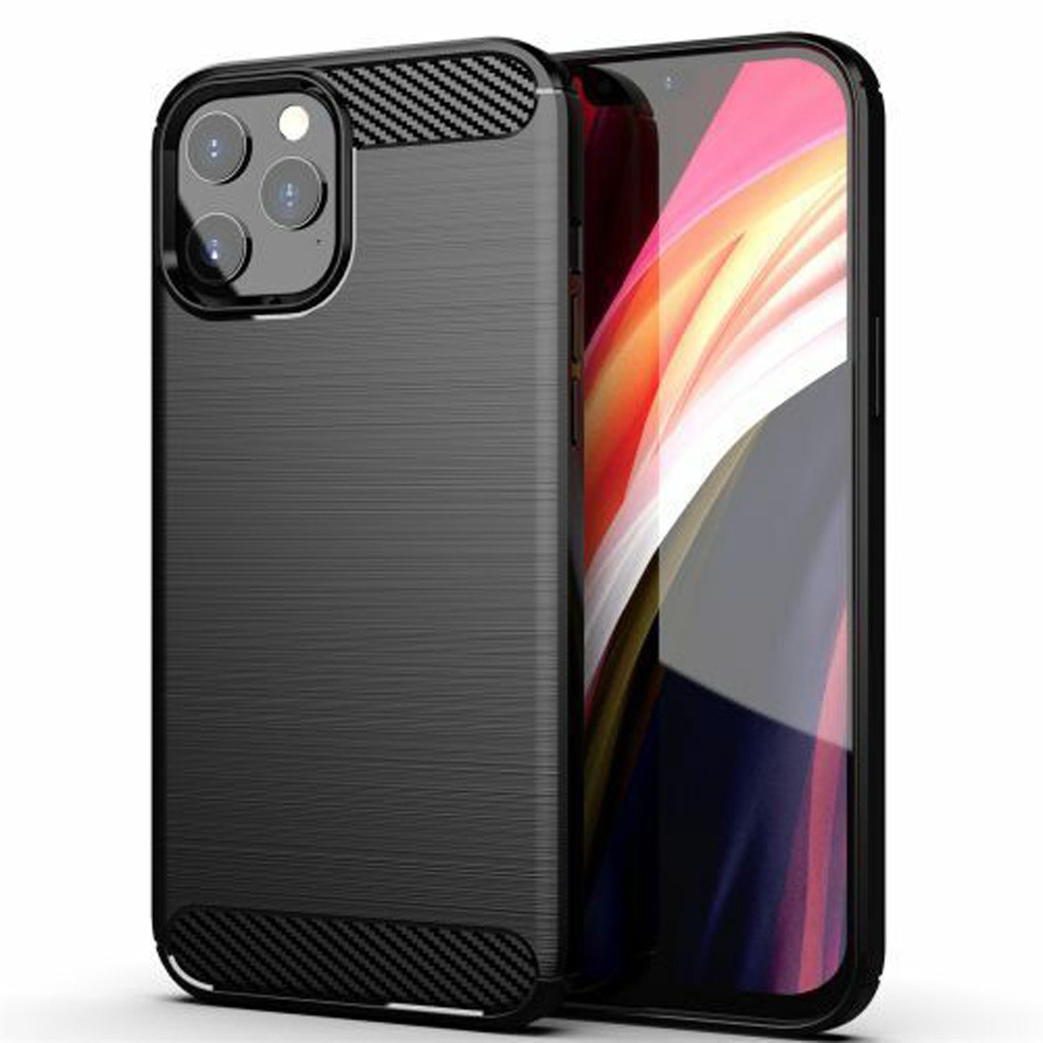betterfon Handyhülle Carbon Hülle für iPhone 12 Pro Max Backcover TPU Silikon Schwarz, Carbon-Look – stoßfestes Case mit Air-Cushion & Metall-Optik
