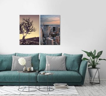 Sinus Art Leinwandbild 2 Bilder je 60x90cm einsamer Baum New York Wolkenkratzer Manhattan Abendröte Skyline Metropole