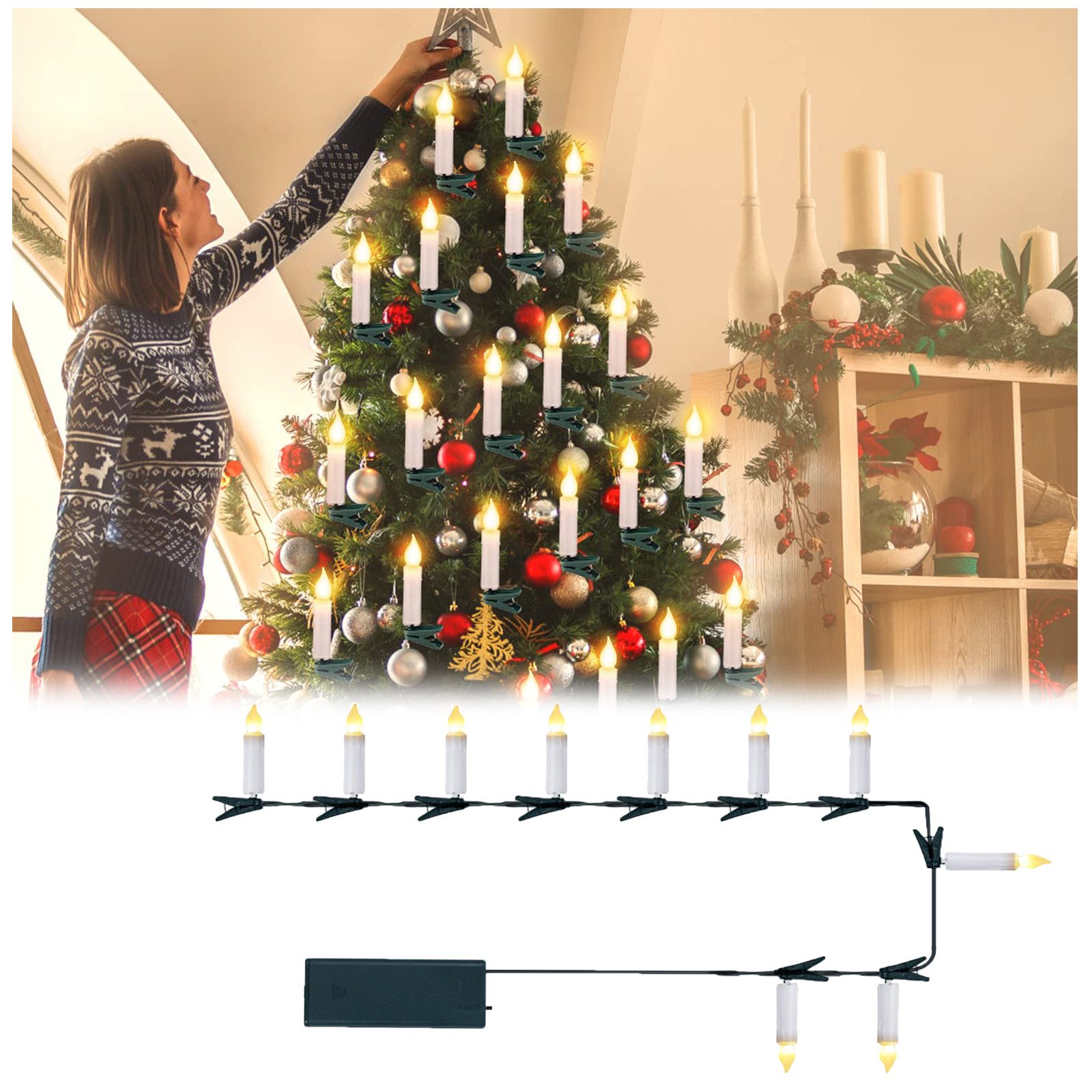Jibenhome LED-Christbaumkerzen Weihnachtskerzen Lichterkette LED-Kerzenlichter Batterien mit Clips, 10-flammig, für Weihnachtsbaum,Baum,Feiertagsdekoration,Warmes Weiß