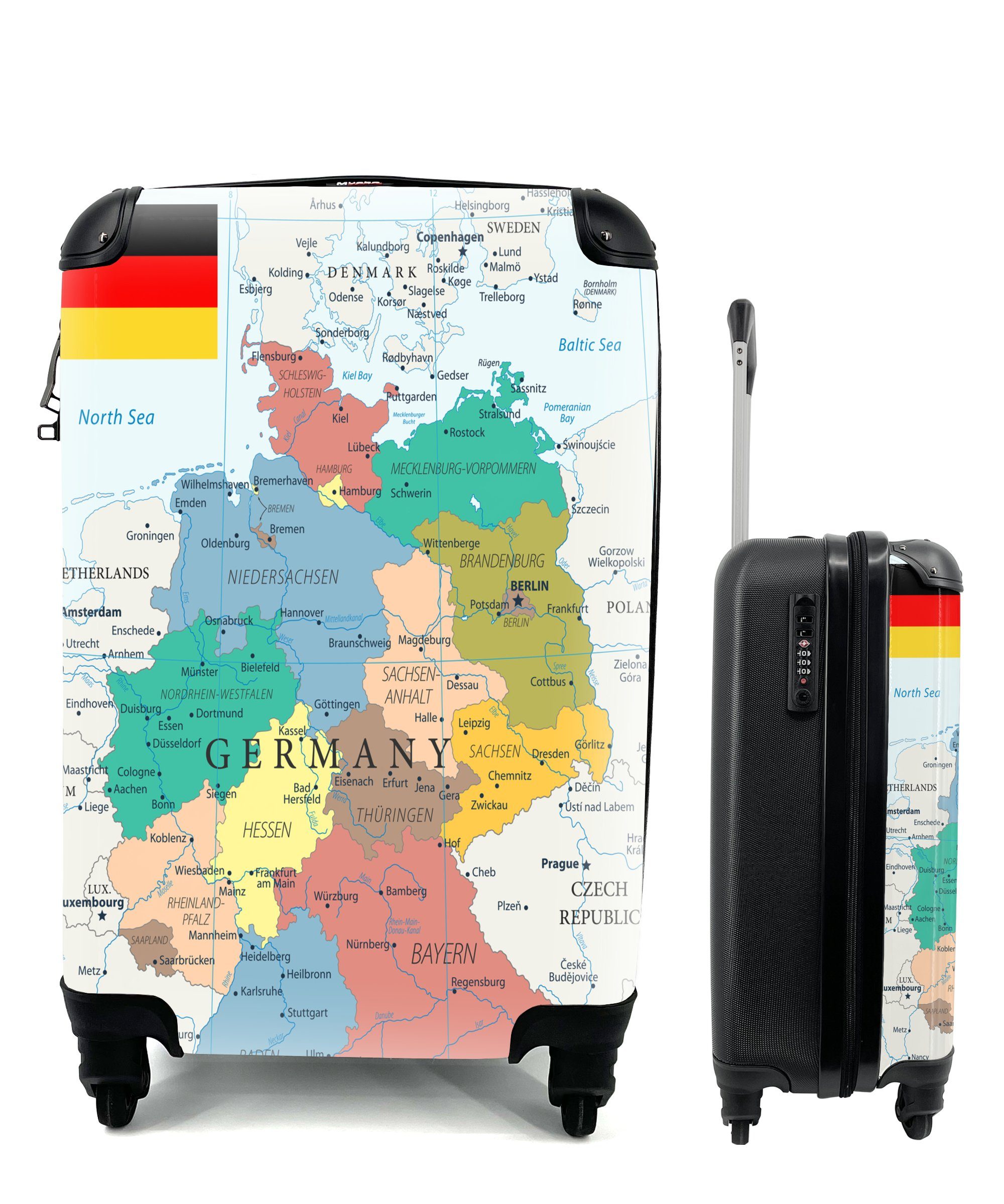 MuchoWow Handgepäckkoffer Detaillierte Karte von Deutschland, 4 Rollen, Reisetasche mit rollen, Handgepäck für Ferien, Trolley, Reisekoffer