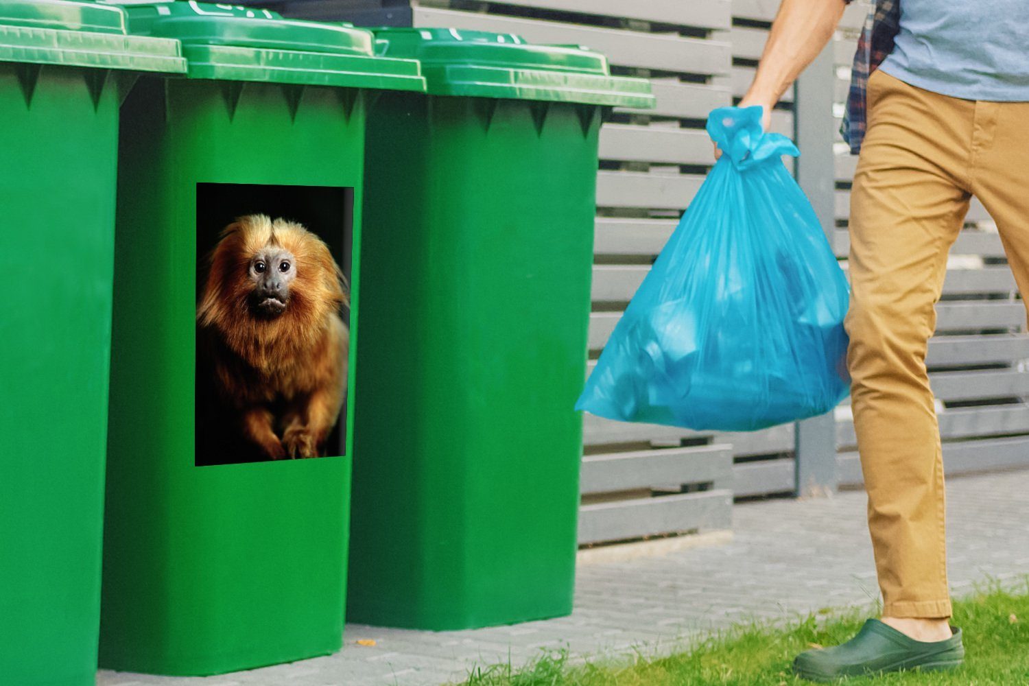 goldenes MuchoWow schaut Sticker, (1 in Ein Löwenmäulchen Mülltonne, Abfalbehälter Mülleimer-aufkleber, die Container, auf Hintergrund Wandsticker schwarzem St),