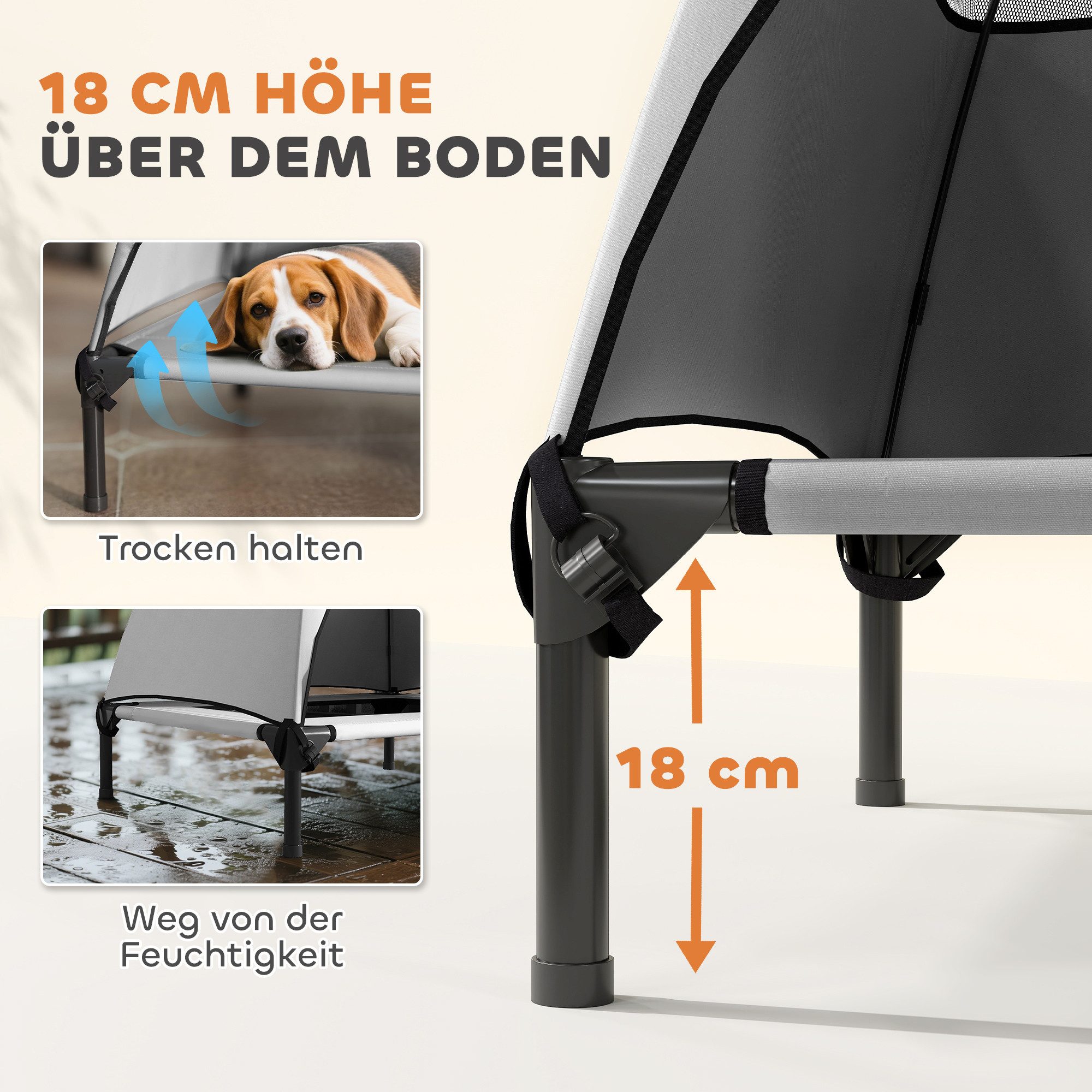 PawHut Tierbett Hundeliege Outdoor mit Dach, Erhöhtes Hundebett, Polyester, für Mittelgroße Hunde, für Draußen Camping, 76x61x71cm, Hellgrau – Bild 5 von 5