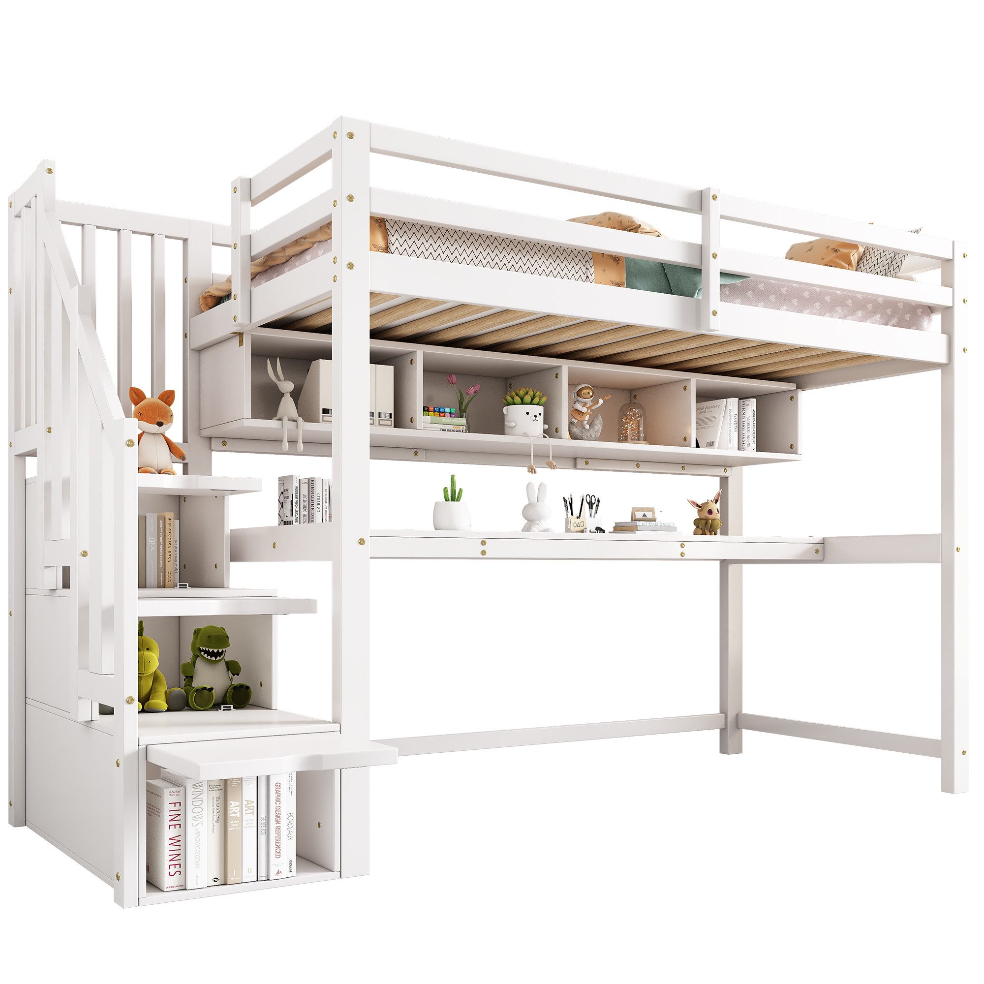 Flieks Hochbett Kinderbett mit Regale, Schreibtisch und Stauraumtreppe 90x200cm – Bild 3 von 5