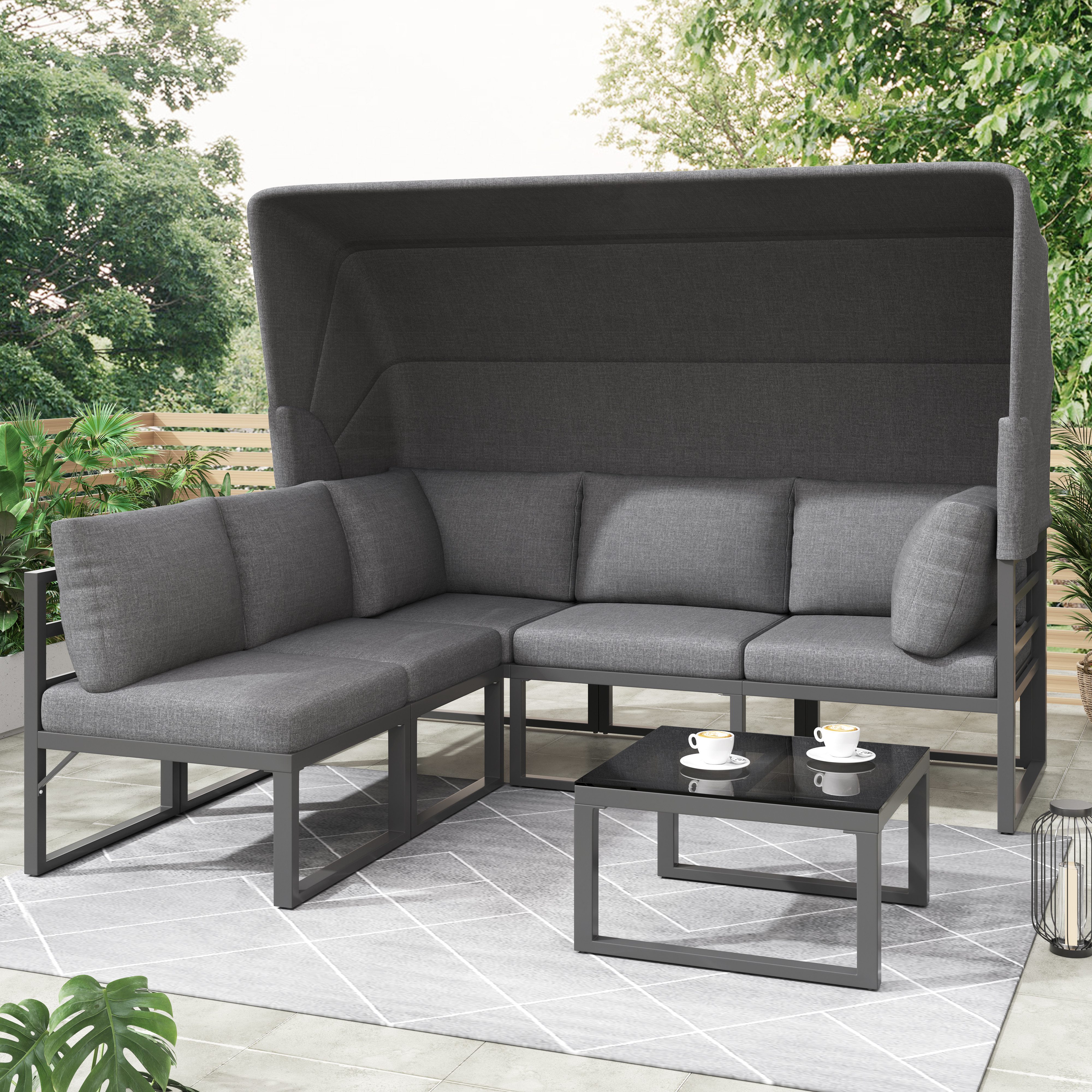 BBWL Gartenlounge-Set mit Sonnendach, verzinkter Eisenrahmen, Sofa Sessel Tisch, Garten Set 4-teilig, wetterfeste Terrassenmöbel mit Kissen
