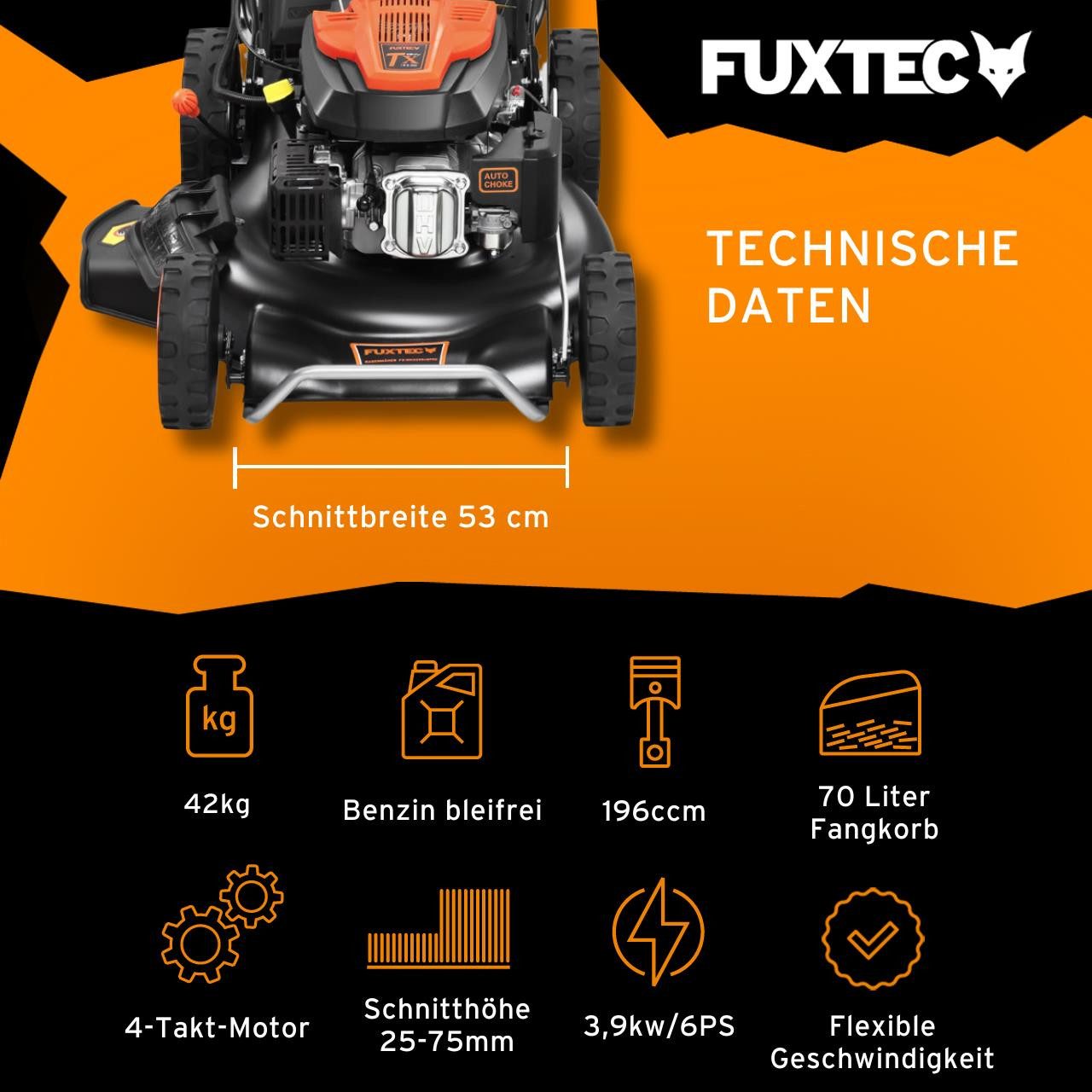 FUXTEC Benzinrasenmäher FX-RM5396esPro, 52,5 cm Schnittbreite, 53 cm Schnittbreite, 70 L Fangkorb, 4in1, Auto-Choke, E-Start, 5,3 PS