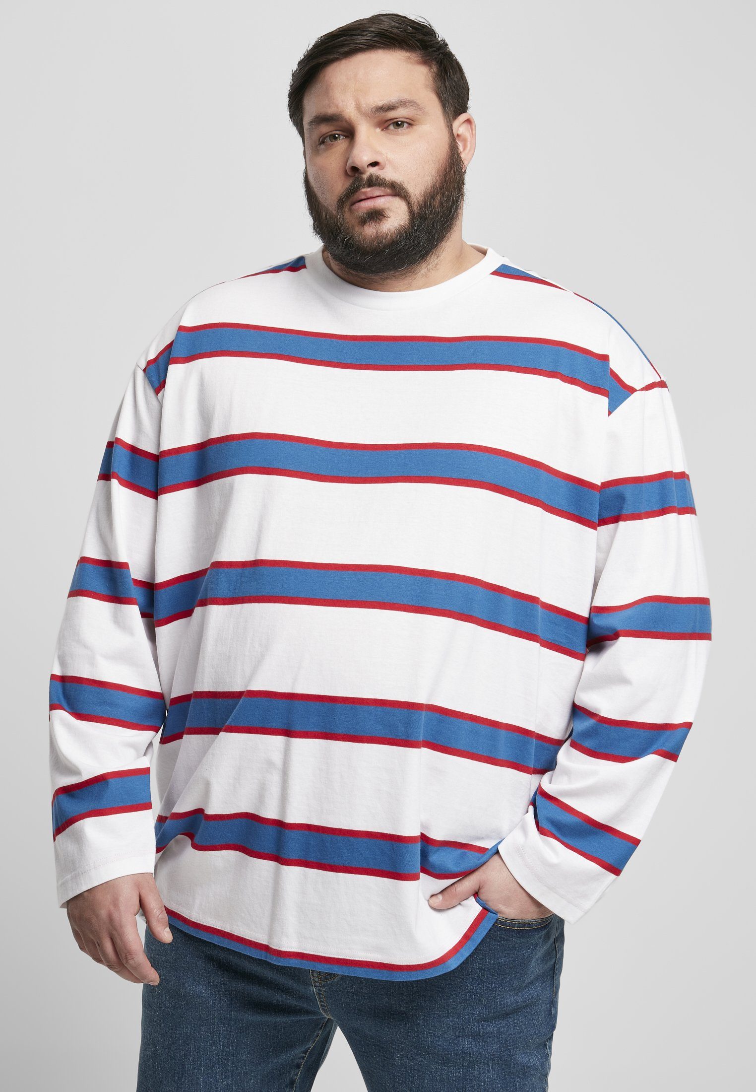 URBAN CLASSICS T-Shirt Herren Light Stripe Oversized LS (1-tlg) white/sportyblue