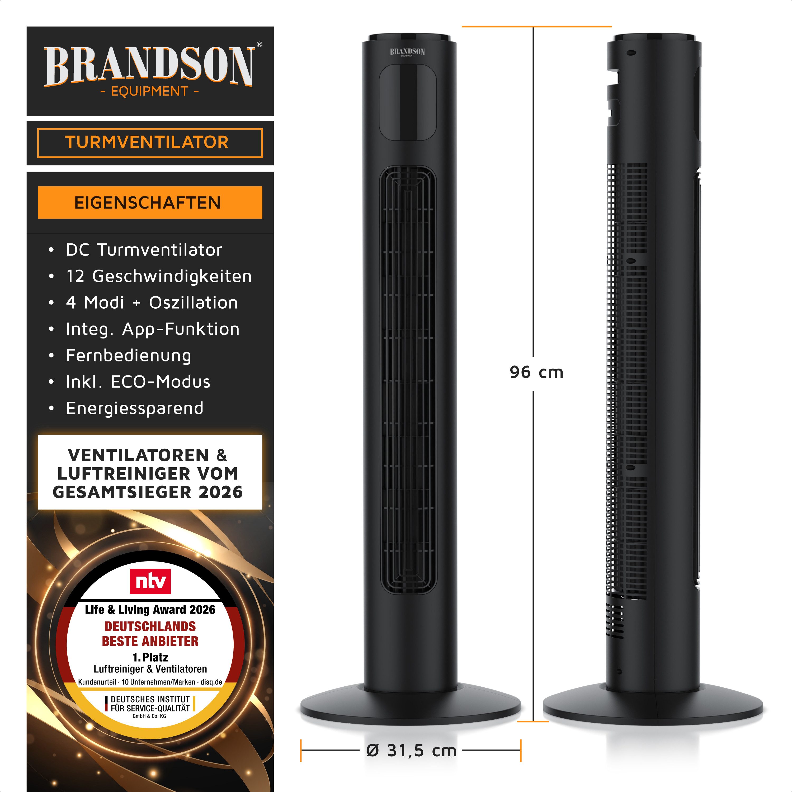 Brandson Turmventilator Eco DC-Motor 35W, App-Steuerung/Sprachbefehl, Timer, Oszillation, WiFi, NTV Sieger 2026, extrem leiser Lüfter, 12 Lüftungs-Modi, GS-Geprüft