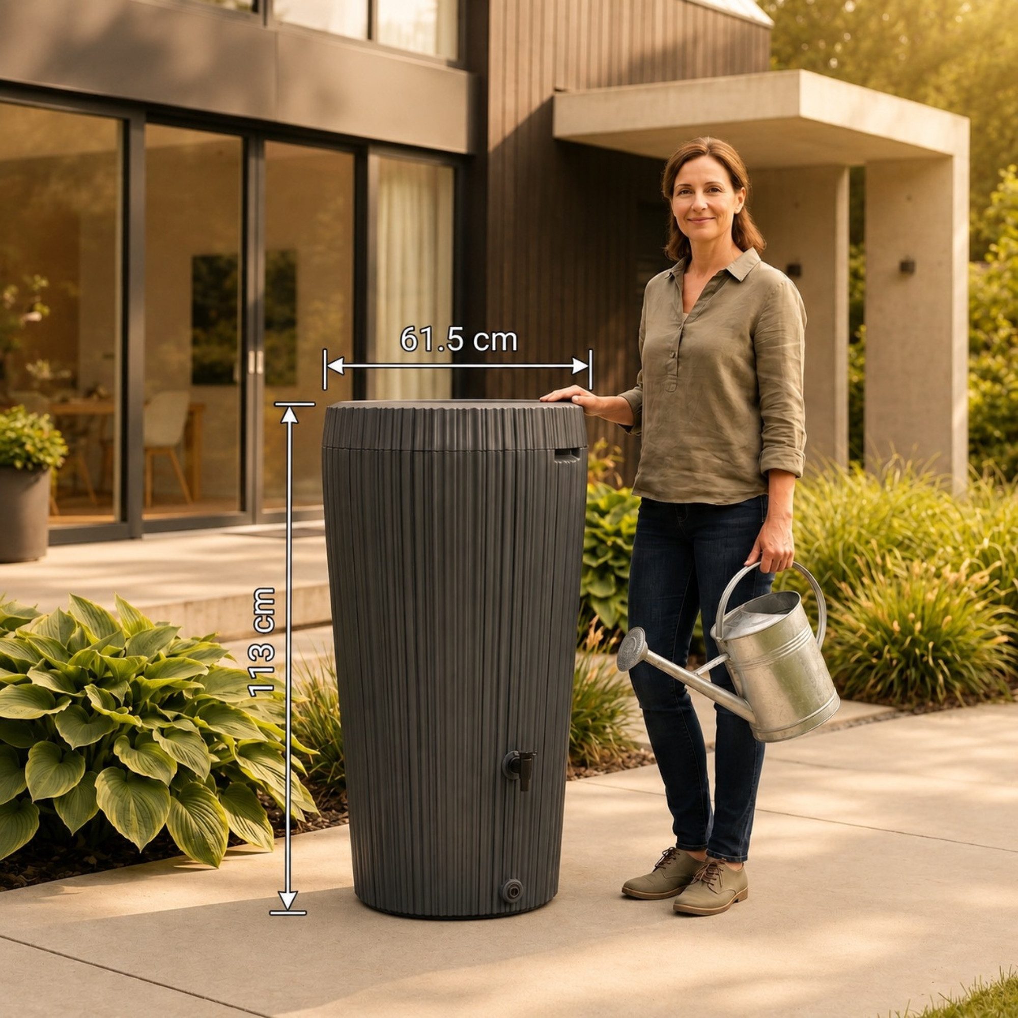 YourCasa Regentonne 210 Liter EcoVase, Bepflanzbar, Wasserhahn, Regenwassertank, Frostsicher, Deckel abnehmbar, 210L – Bild 4 von 5