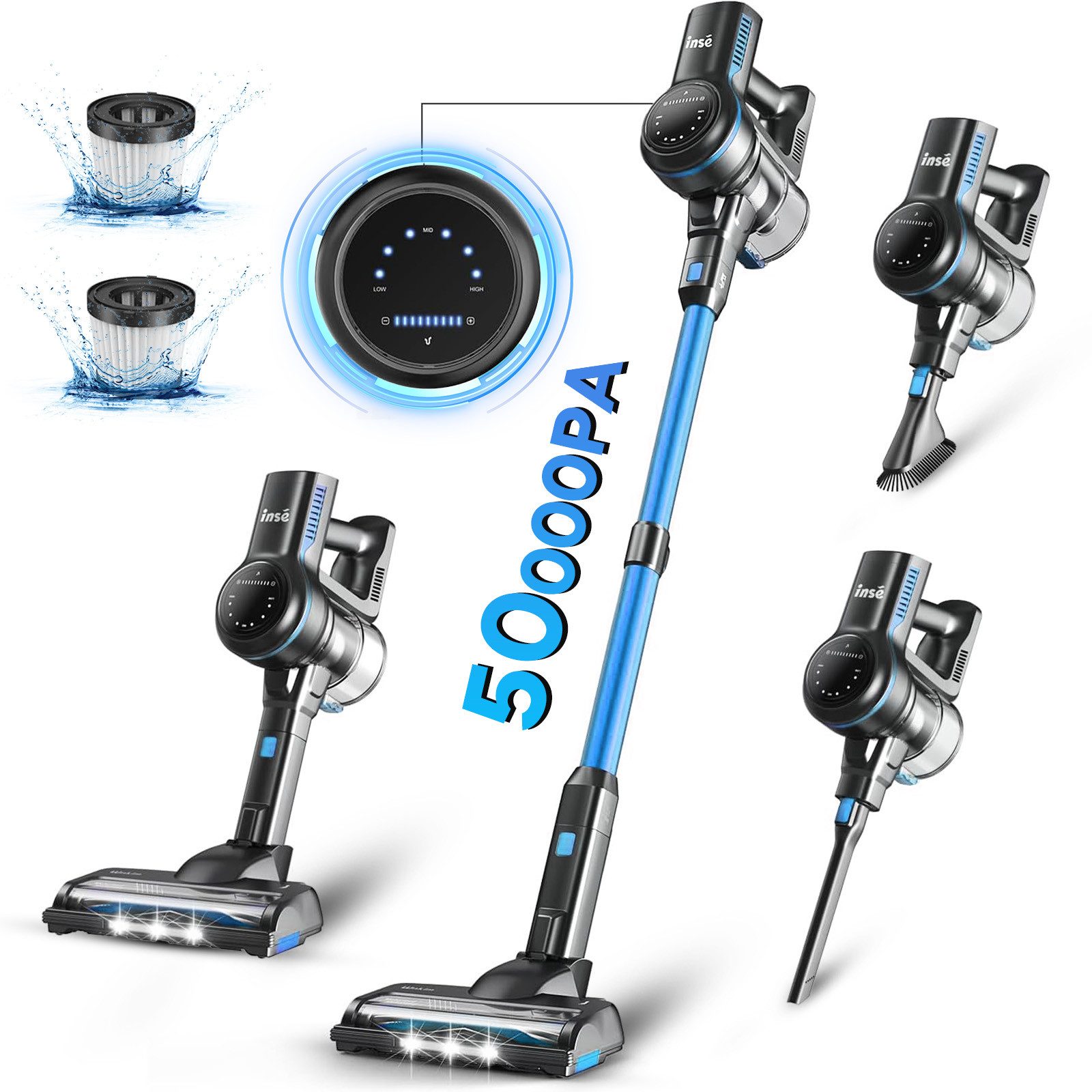 INSE Akku-Hand-und Stielstaubsauger Staubsauger, Akku Staubsauger, Akku Handstaubsauger, Akkusauger, 50KPa, Akku Staubsauger 60 Minuten, 1.2L