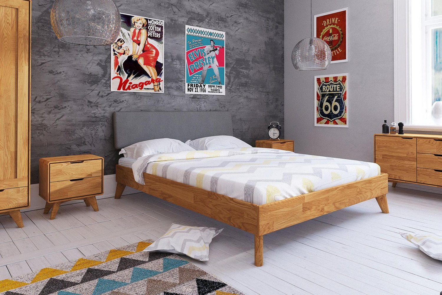 Natur24 Einzelbett Bett Gerg 4 aus Wildeiche massiv 90x200 cm mit  Polsterkopfteil und Holzbeinen