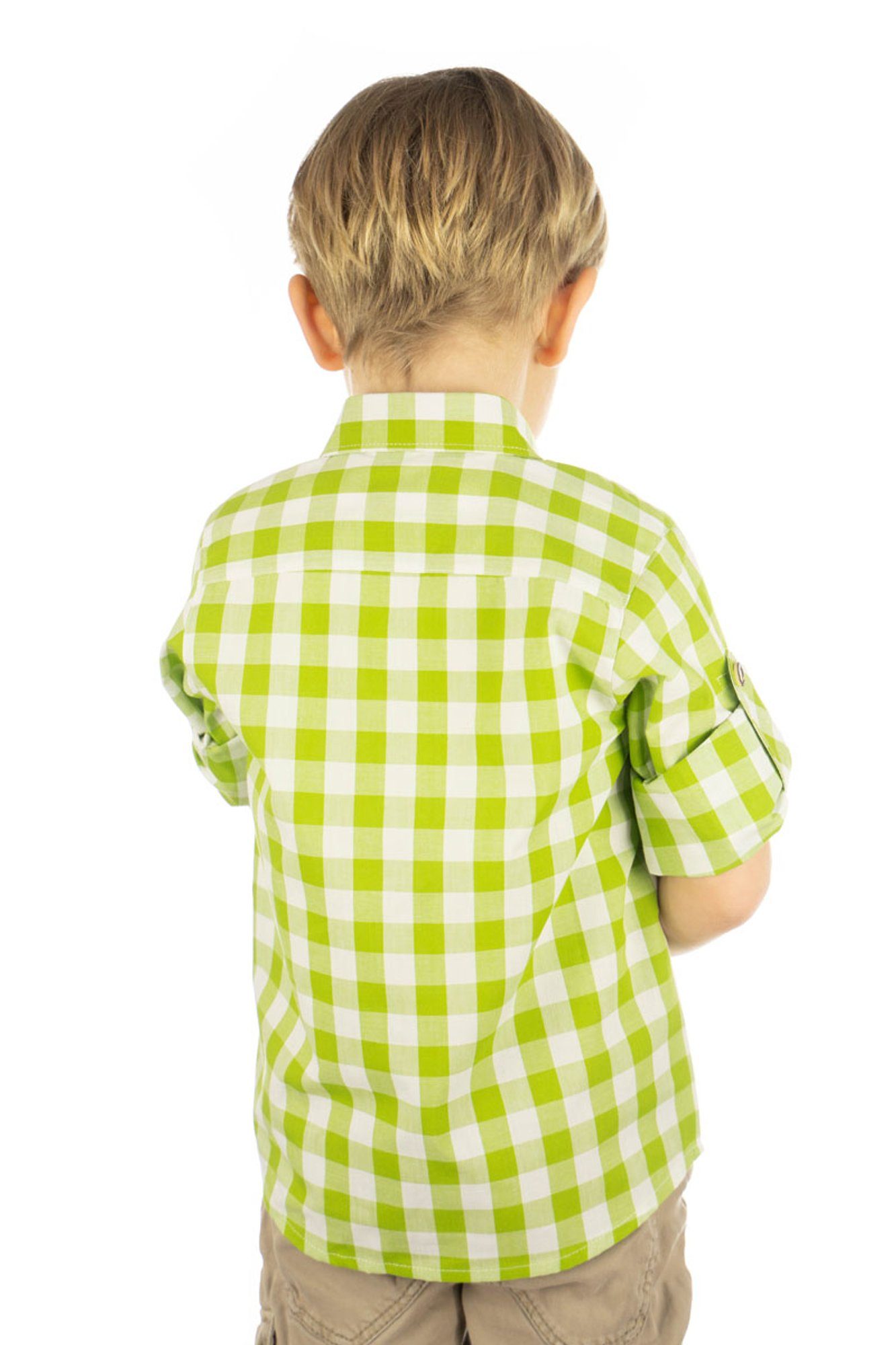 OS-Trachten Hirsch-Stickerei giftgrün auf Brumtu der Jungen Brusttasche Hemd Langarm Trachtenhemd mit