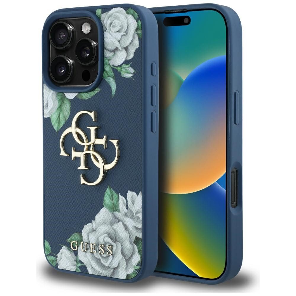 Guess Handyhülle Schutzhülle Rückschale Blumenmuster 6,3 Zoll, Kunstleder, 4G-Metalllogo, Blumenmuster, erhöhte Kanten