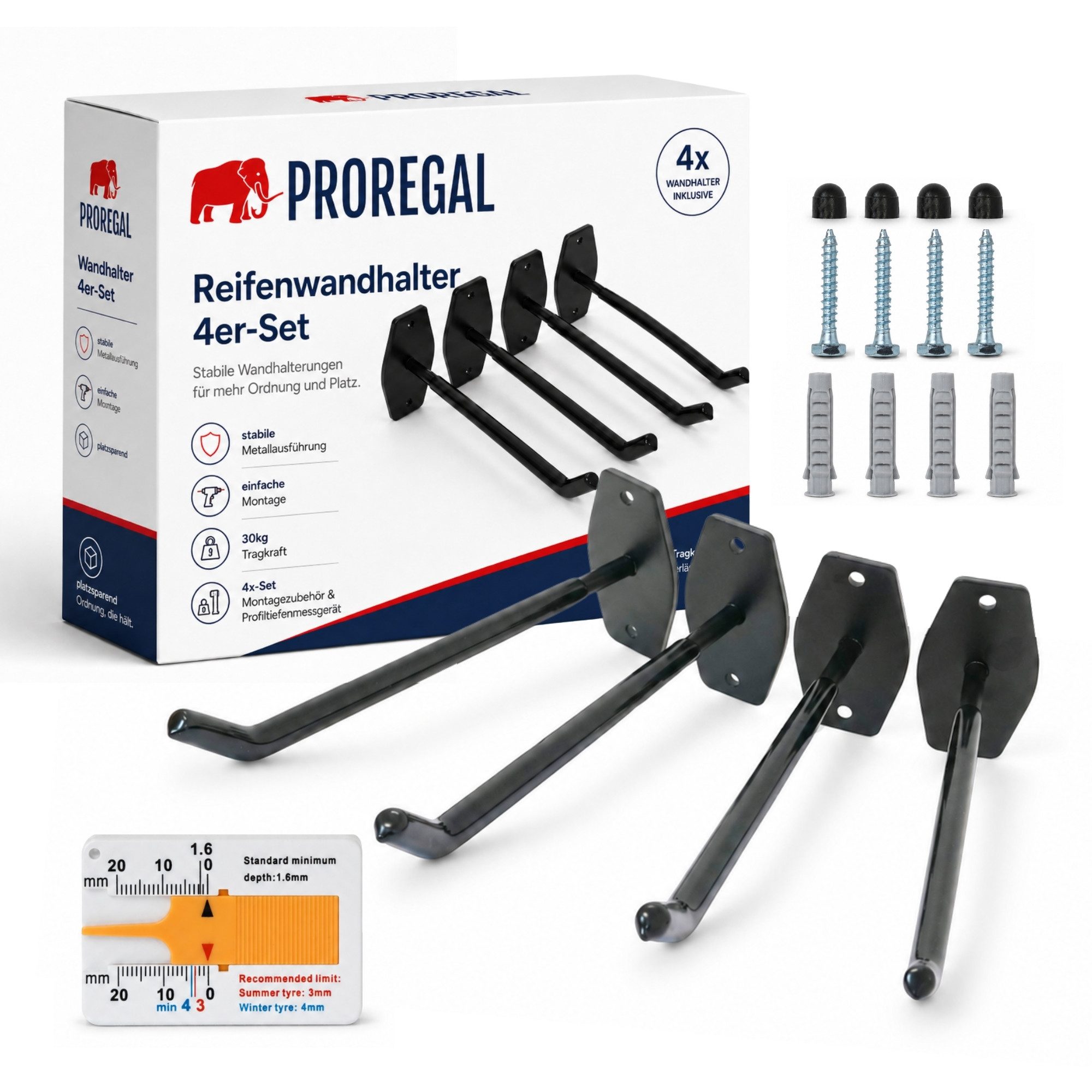 PROREGAL® Reifen-Wandhalterung PREX aus Stahl gummierte Auflage zur Aufbewahrung von Reifen & Felgen, (4-tlg., Inkl. Montagezubehör & Profiltiefenmesser Traglast je 30kg)