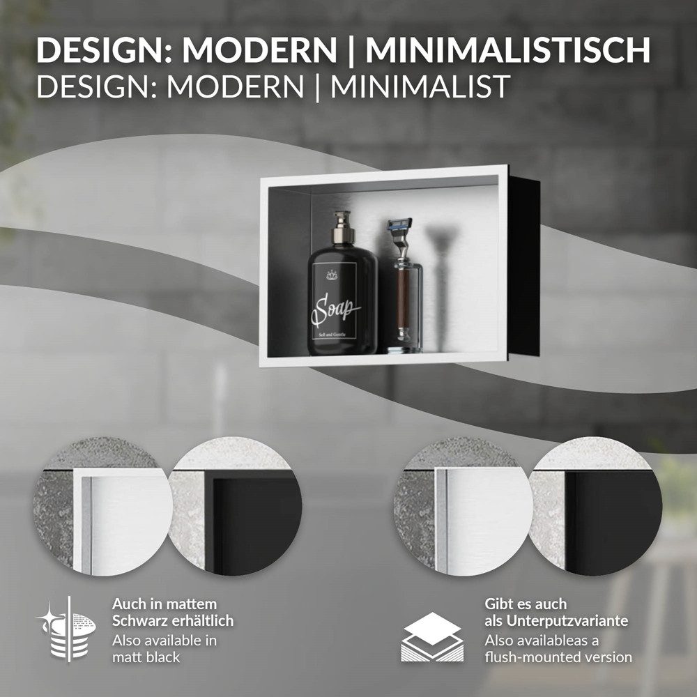 LuxeBath Duschwand Wandnische mit Rahmen aus Edelstahl Flexibler Einbau für Badezimmer, Duschnische Silber 20x30x10cm Einzelregal & Rahmen Befliesbare Nische