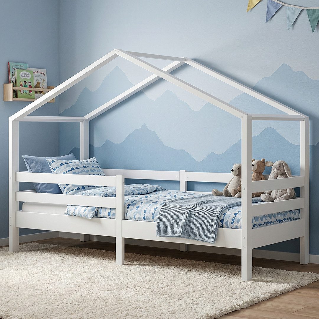 Bellabino Hausbett Abia Kinderbett mit Lattenrost und Rausfallschutz (weiß, optional mit Matratze), Kinderbett 90x200 cm, verfügbar in verschiedenen Ausführungen