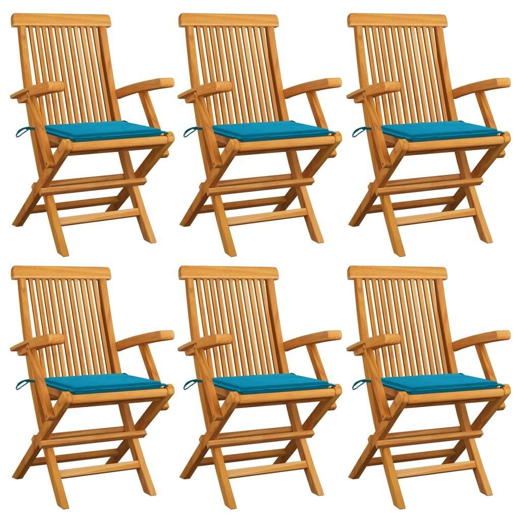 furnicato Gartenstuhl Gartenstühle mit Blauen Kissen 6 Stk. Massivholz Teak