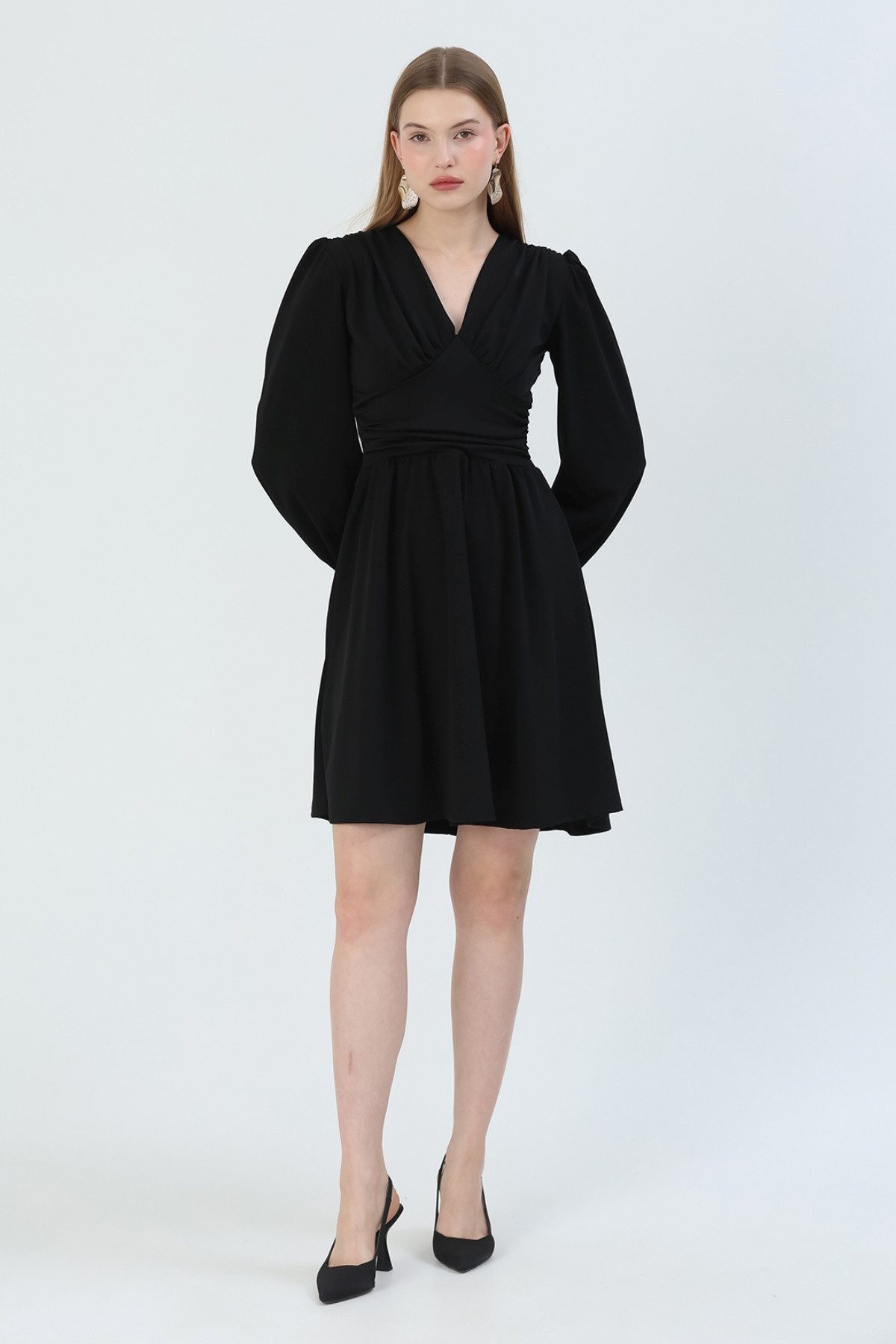 WOMAN VISION Minikleid V-Ausschnitt, langärmeliges ausgestelltes Kleid