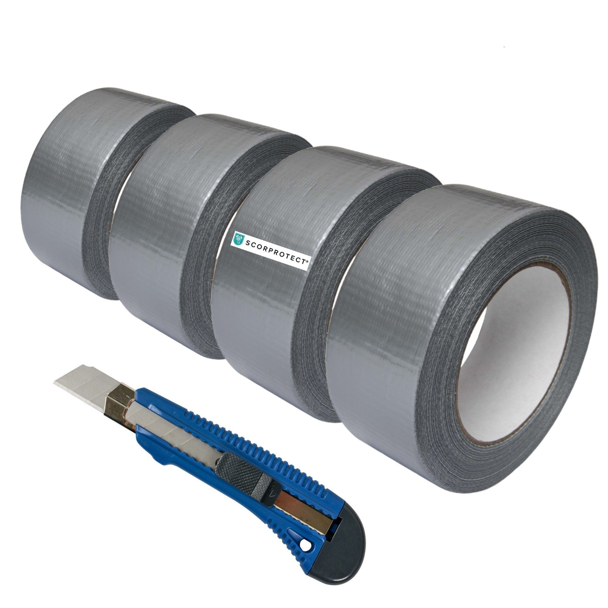 Scorprotect® Klebeband 4x Gewebeklebeband silbergrau 48 mm x 50 m + Cuttermesser