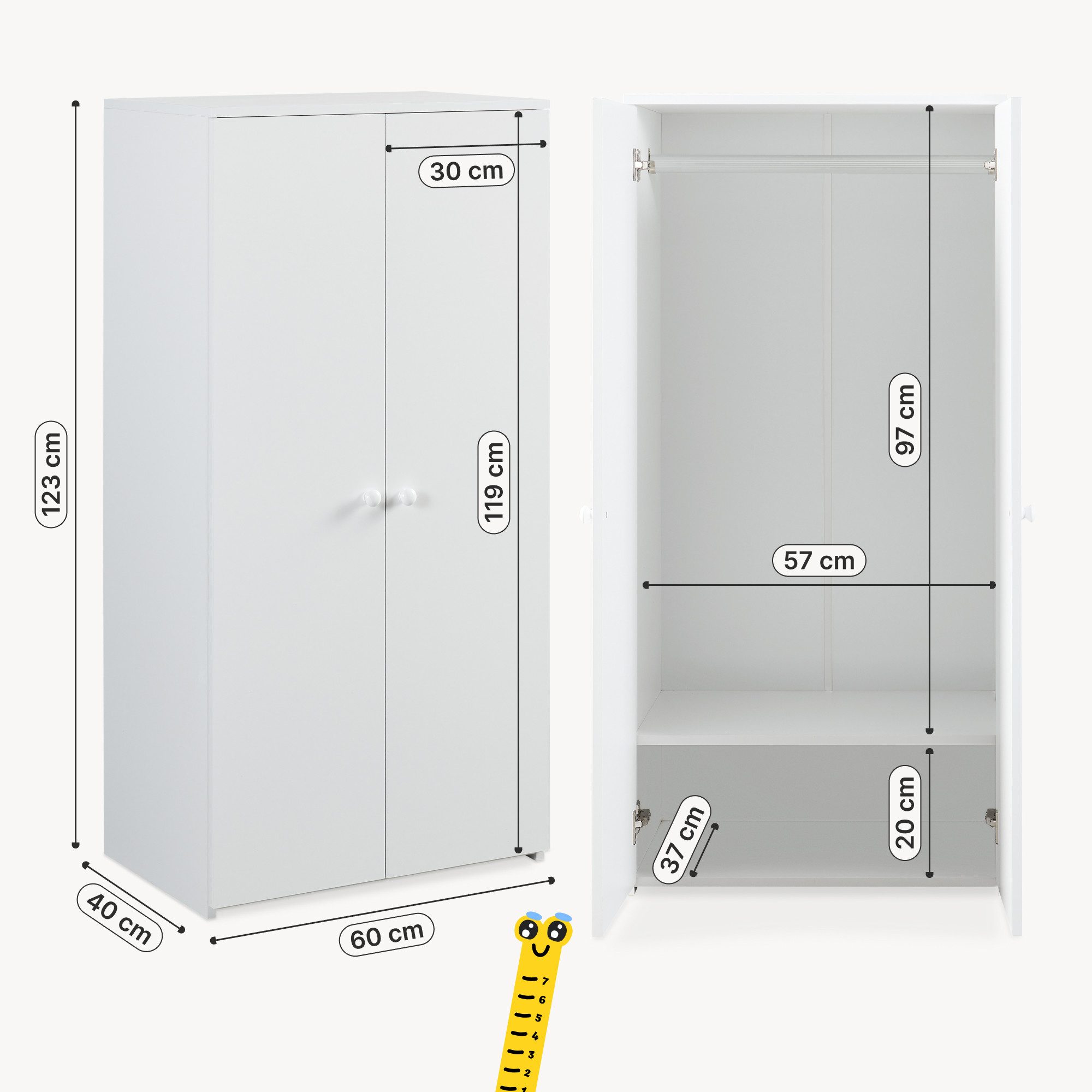 en.casa Kinderkleiderschrank »Beldinupp« mit 2 Türen 123 x 60 x 40 cm Staufach Weiß
