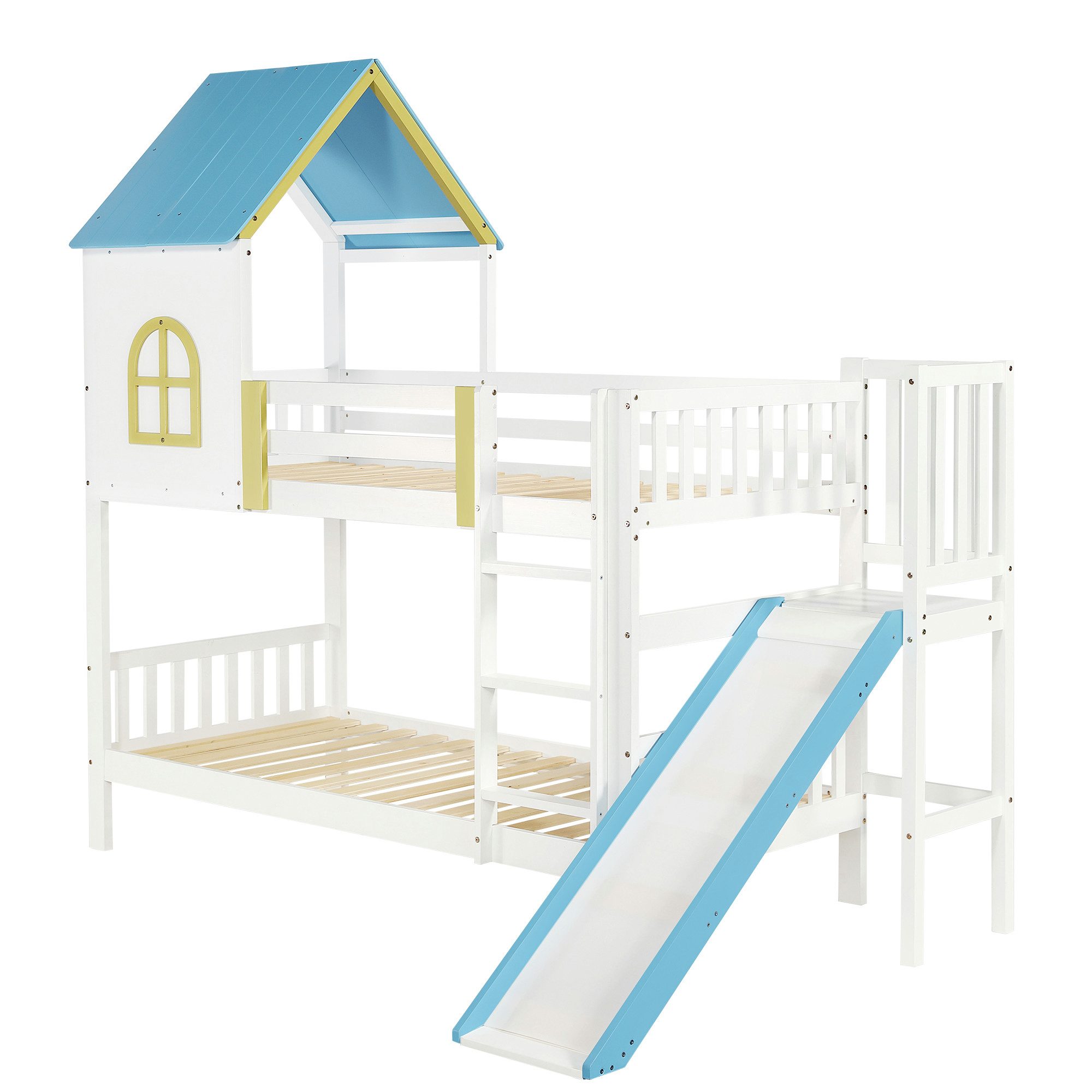 Etagenbett Hausbett Kinderbett Dach Fenster Fallschutz Rutsche 90x200cm