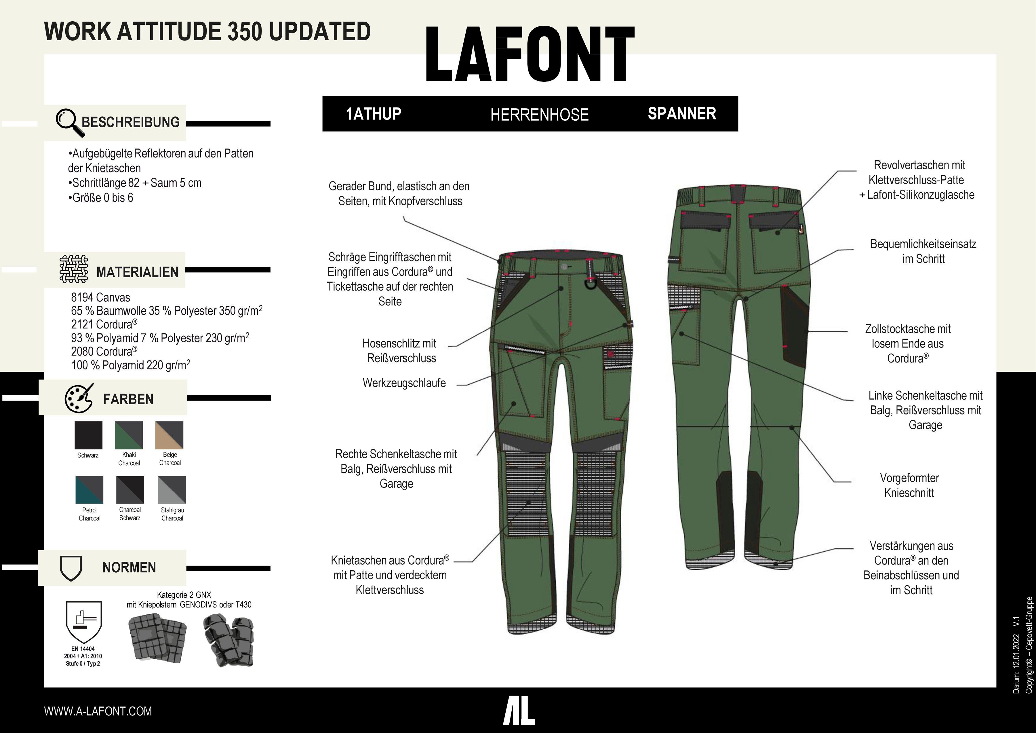 Lafont Arbeitsbundhose "Spanner" ®-Verstärkung, Cordura KHAKI Bund, / Saum Easy CHARCOAL Elastischer