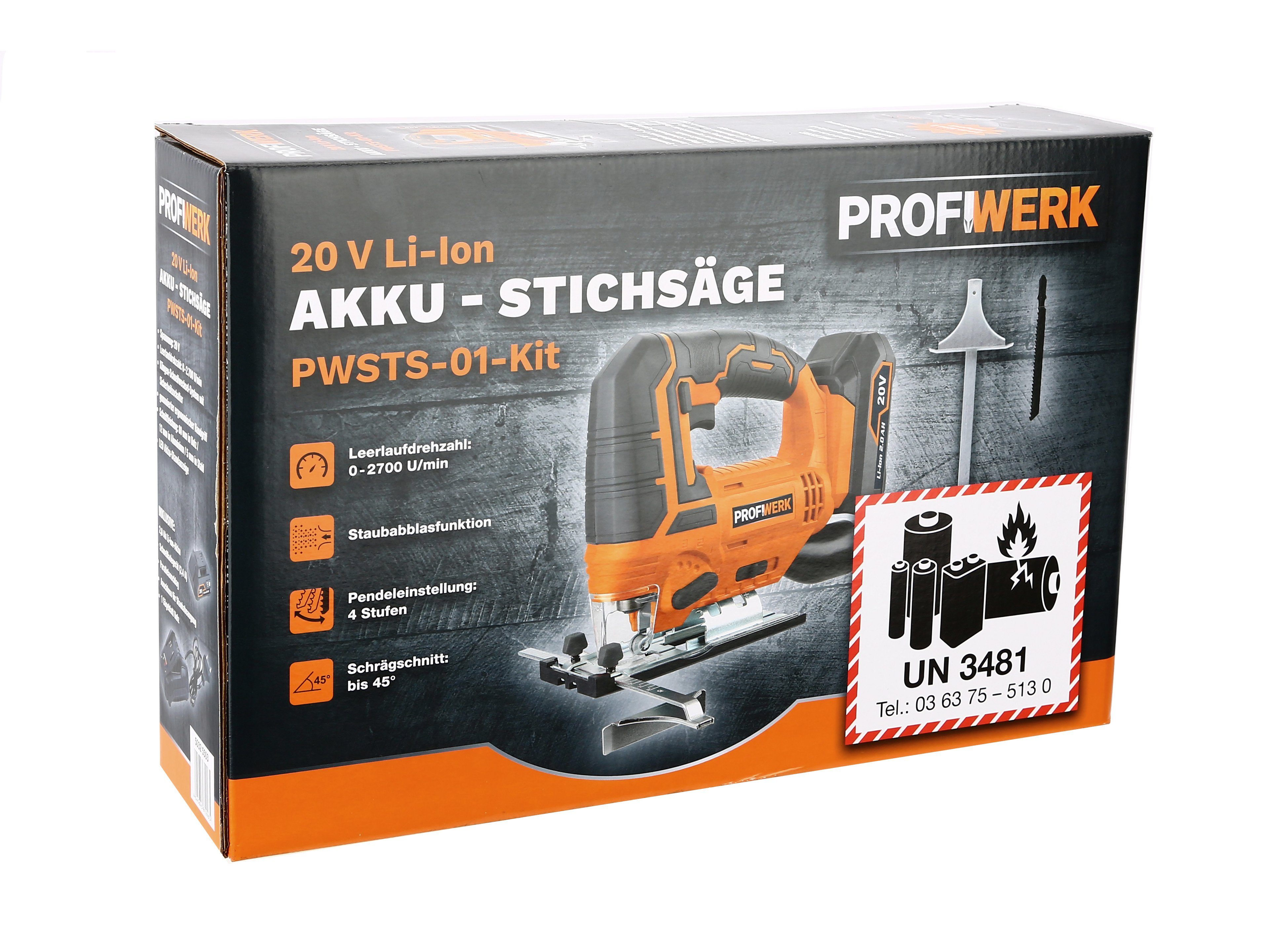 80/12/5 PWSTS-01-Kit20V, Schnittleistung Netzteil Profiwerk Akku-Stichsäge mm, Akku, 2,0Ah
