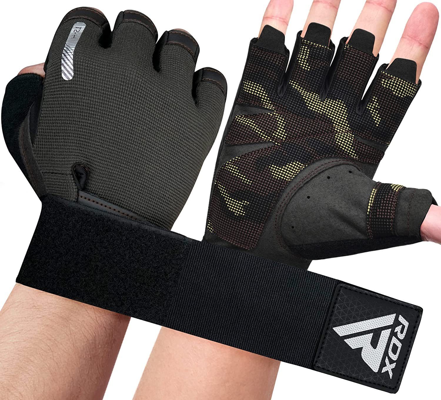 RDX Trainingshandschuhe RDX Gewichtheberhandschuhe, extra dehnbare lange Handgelenkstütze BROWN