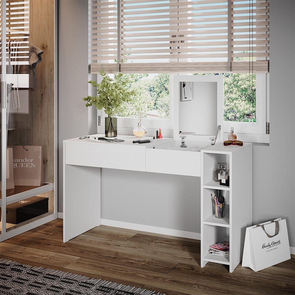 Schminktisch Kira, Weiß, 129.6 cm  mit einklappbarem Spiegel