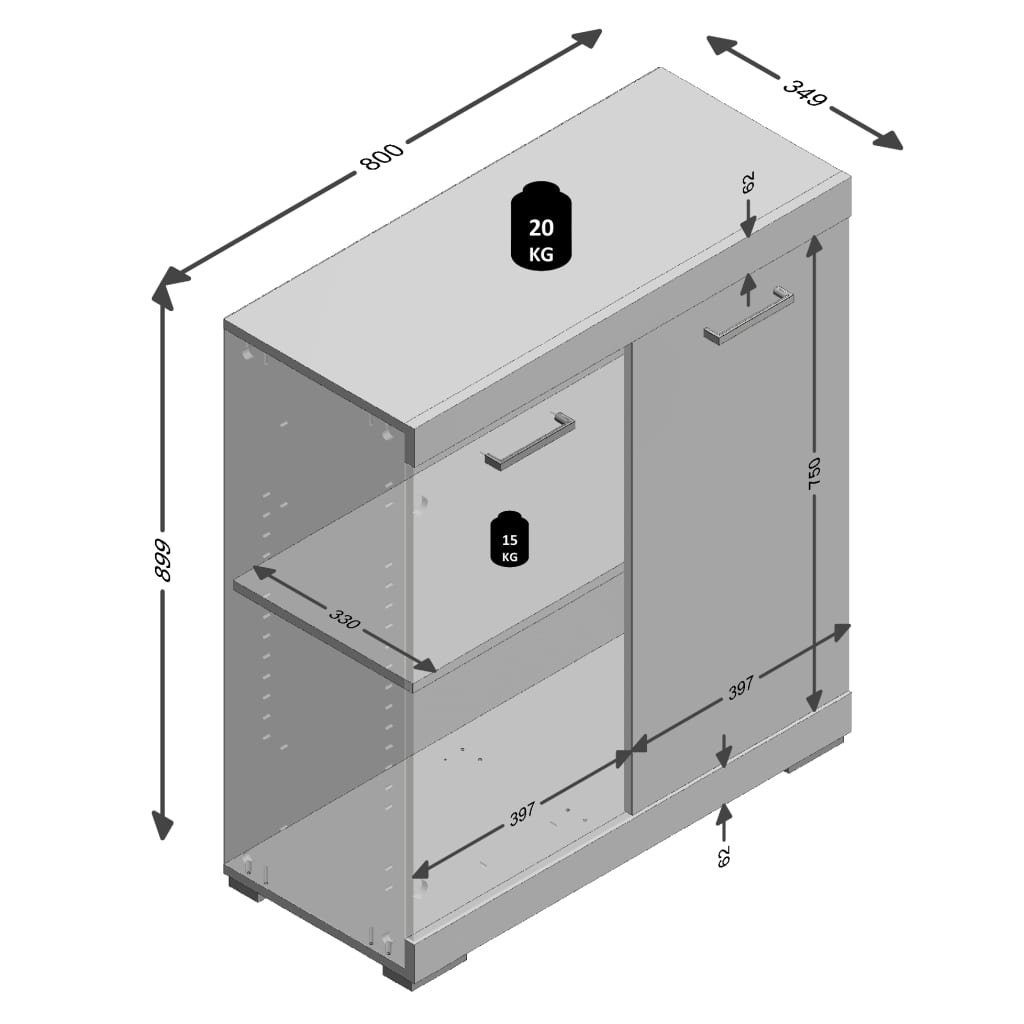 FMD Kleiderschrank Kommode mit 2 Türen und Weiß (1-St) cm 80×34,9×89,9 Betongrau