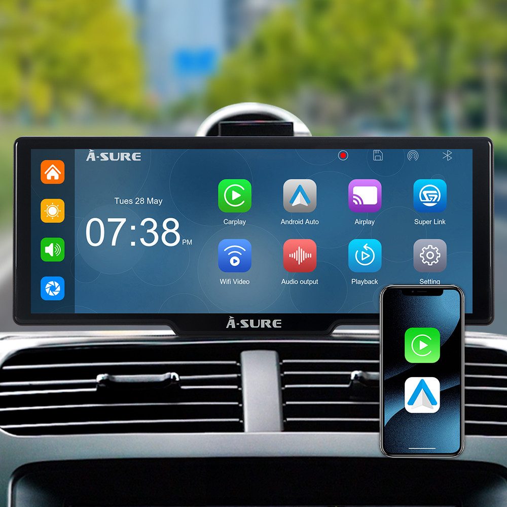 A-Sure 10.26" HD Auto Display Car Display Wireless Apple CarPlay Android Auto Navigationsgerät (4K-Frontkamera/10.26" IPS Bildschirm( 1600*600) /64GB Rom TF Card)