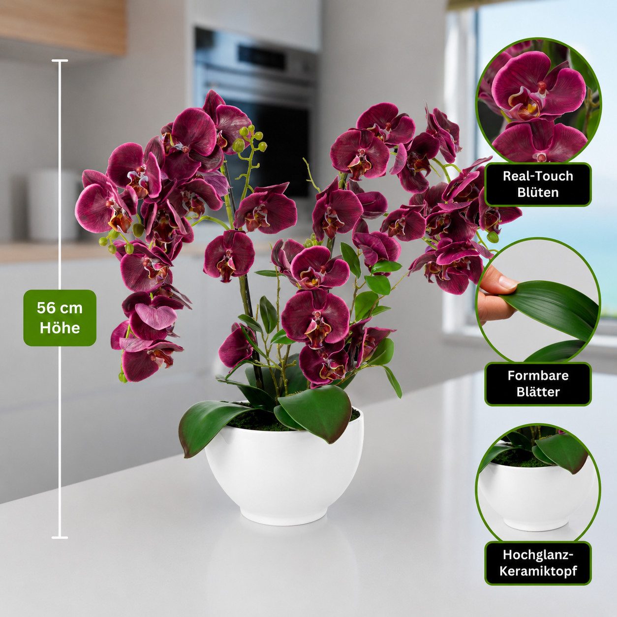 Kunstorchidee PASCH® XXL Orchidee künstlich wie echt (56cm) in Hochglanz-Keramiktopf Orchidee, PASCH